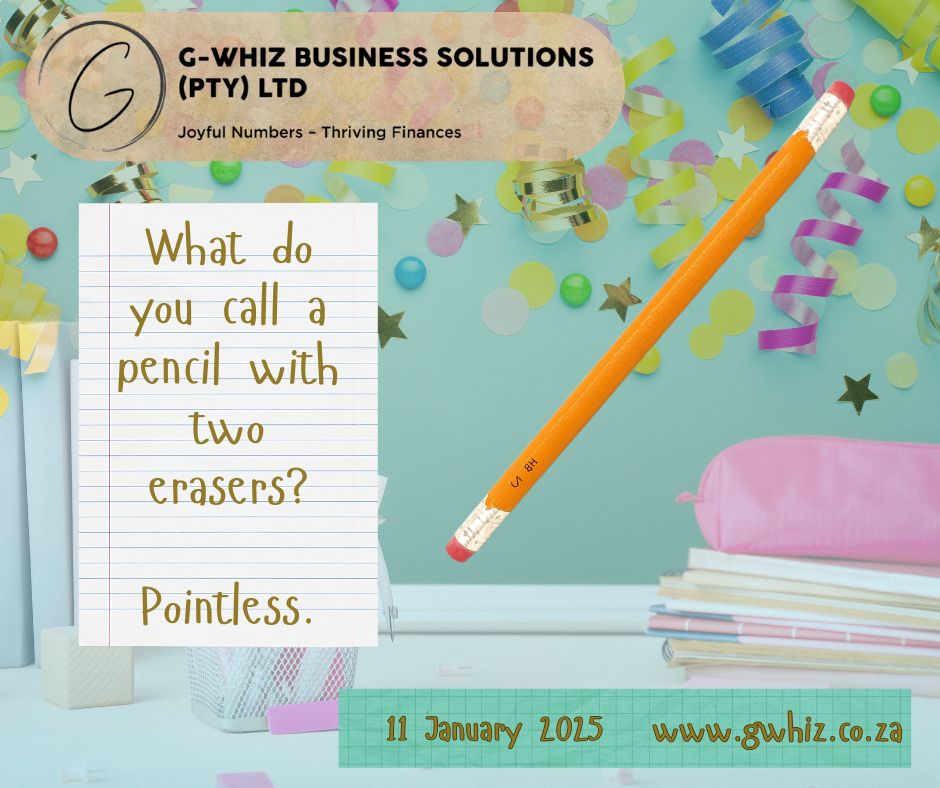 At G-Whiz Business Solutions, we believe finances don’t have to leave you feeling pointless! Let us sharpen your financial clarity while bringing a little joy to your day with our daily dad jokes. Here’s how we help small service business owners thrive: ✅ QuickBooks Online Expertise – The easiest way to keep your finances organized. ✅ Audit-Ready Accounts in 3 Months – Say goodbye to year-end stress. ✅ Stress-Free Compliance – Handle VAT, PAYE, and tax filing with confidence. ✅ Accurate Financial Data – Make informed decisions to grow your business. We bring humor and expertise to bookkeeping, ensuring your numbers work as hard as you do. 💡 Ready to take control of your finances? 👉 Visit us at www.gwhiz.co.za or send us a message to get started today! #SmallBusinessSolutions #QuickBooksOnline #BookkeepingMadeEasy #AuditReadyAccounts #StressFreeFinances #FinancialClarity #EntrepreneurshipJourney #DailyDadJokes #KemptonParkBusinesses #SouthAfricaBusiness