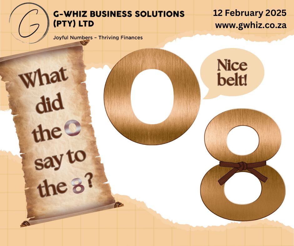 What did the "0" say to the "8"? Nice belt! 🧑‍💻✨ It’s amazing what a little extra support can do—without that belt, the "0" just doesn't have the same impact! The same goes for your finances. Without the right systems in place, your numbers might just be hanging loose. At G-Whiz Business Solutions, I offer the support your business needs to keep your finances organized, accurate, and ready for anything. Think of me as the belt that helps your financial data stay tight, structured, and always in shape. 💡 Daily Tip: QuickBooks Online has a reconciliation feature that automatically matches your bank transactions to your accounting records, ensuring everything stays balanced without the headache of manual checks. With a little humor and the right financial tools, I help you keep your business’s numbers in shape—no sagging allowed! Let's chat! Drop a comment below or send me a DM! 📌 www.gwhiz.co.za “Joyful Numbers – Thriving Finances” #SmallBusinessFinance #QuickBooksOnline #AuditReady #FinancialConfidence #StressFreeAccounting #EntrepreneurLife #BusinessGrowth #CashFlowMatters #ServiceBusinessSuccess #FinancialWellbeing