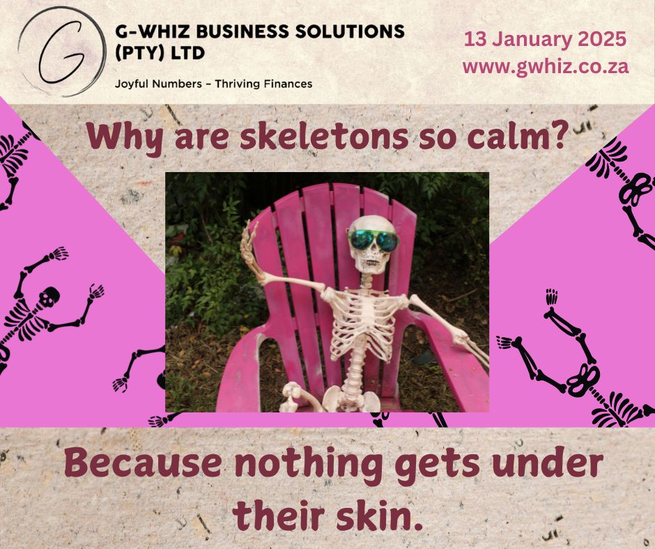 As a small business owner, staying calm under pressure is key—but that can be hard when your finances feel out of control. That’s where I come in! At G-Whiz Business Solutions, I make bookkeeping stress-free, so you can feel as calm as a skeleton (or maybe even more so!) while focusing on what you do best—running your business. I work with small service business owners who want to bring clarity, order, and efficiency to their finances. Whether you’re new to bookkeeping or overwhelmed by the process, I’ll guide you every step of the way. Here’s how I help: ✅ QuickBooks Online Expertise – I’ll help you choose the right package for your business, set it up, and get you confident with data entry. ✅ Audit-Ready Accounts in 3 Months – Imagine having everything organized, accurate, and ready to go, whenever you need it. That’s what I deliver. ✅ Stress-Free Compliance – Taxes, VAT, PAYE—it can all be overwhelming, but I’ll make sure you meet every deadline with ease. ✅ Accurate Financial Data – With clean and precise numbers, you’ll have the insight you need to make informed decisions for growth. And because bookkeeping doesn’t have to be boring, I make it fun with my daily dad jokes. Laughter might not balance your books, but it sure helps make the process more enjoyable! 💡 Ready to transform your finances and regain control? 👉 Visit www.gwhiz.co.za to learn more or send me a message to get started today! Let’s work together to make your business thrive. #SmallBusinessSupport #QuickBooksOnlineExpert #BookkeepingWithJoy #AuditReadyIn3Months #StressFreeBusiness #FinancialClarity #EntrepreneurLife #DailyDadJokes #KemptonParkBusiness #SouthAfricaEntrepreneurs