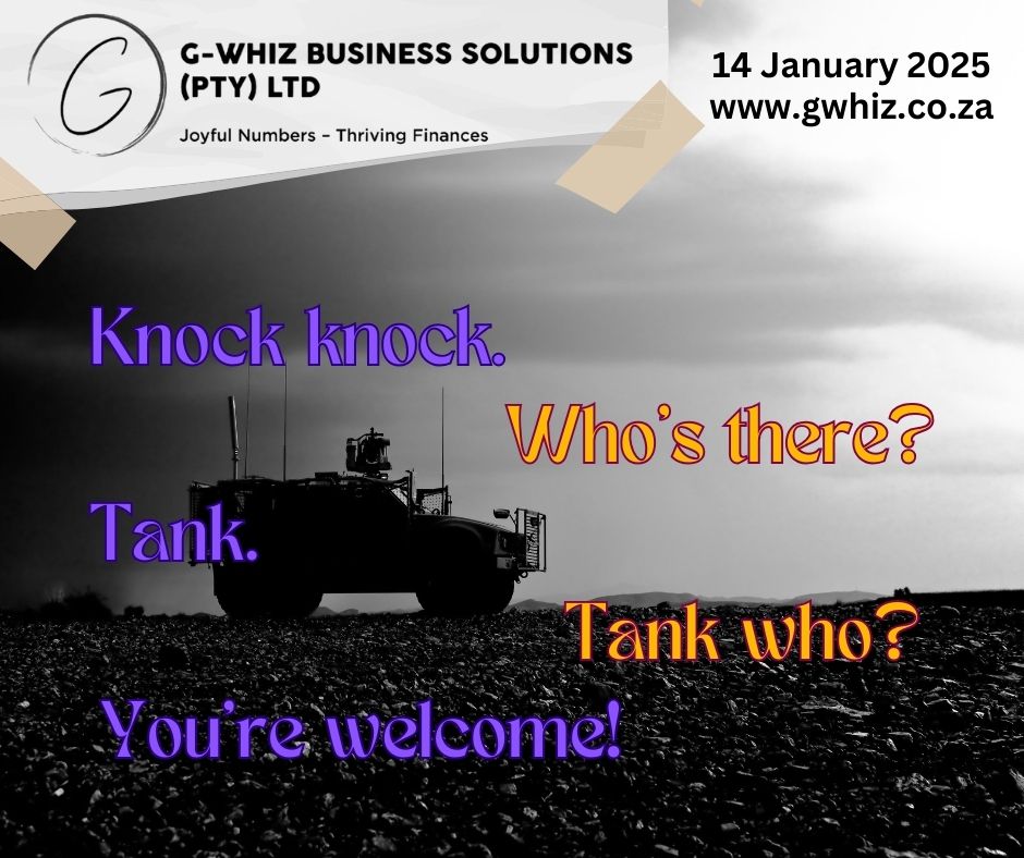 As a small business owner, I know you’re not looking for just another “thank you” – you want results. That’s where G-Whiz Business Solutions (PTY) LTD steps in. 😊 Using QuickBooks Online, I help small service businesses like yours achieve financial clarity, stress-free compliance, and audit-ready accounts in just 3 months. ✅ Accurate financial data means you can make better decisions. ✅ Compliance stress? Gone. ✅ And yes, we even make bookkeeping fun with daily dad jokes like this one! If you’re tired of juggling client invoices, supplier records, and messy financials, let’s get things in order – and bring a little humor to the process while we’re at it. 💻 Visit www.gwhiz.co.za or send me a message to get started. Let’s take your bookkeeping from boring to brilliant! #SmallBusinessSupport #BookkeepingWithHeart #QuickBooksOnline #SouthAfricanBusiness #FinancialClarity #AuditReady #ServiceBusinesses #JoyfulNumbers #StressFreeCompliance #GWhiz