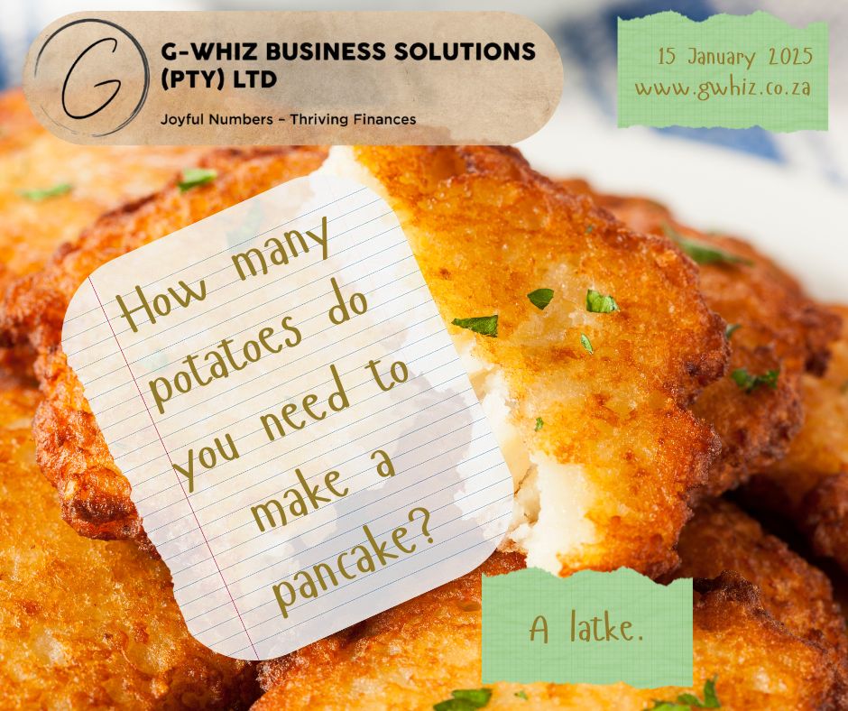 Just like a latke requires the right ingredients to be perfectly golden and crispy, your business needs the right tools and systems to thrive. That’s where I come in! At G-Whiz Business Solutions (PTY) LTD, I help small service businesses streamline their finances with QuickBooks Online so you can enjoy: ✅ Accurate financial records to make better decisions. ✅ Audit-ready accounts in just 3 months. ✅ Stress-free compliance with your books in order. Why settle for burnt edges when you can have perfection? Let’s build your financial confidence and transform your bookkeeping process – with a side of humor to keep things light and fun! 💻 Visit www.gwhiz.co.za or drop me a message to get started. Together, we’ll fry up success for your business! #SmallBusinessSupport #BookkeepingMadeSimple #QuickBooksOnline #SouthAfricanBusiness #FinancialClarity #AuditReadyAccounts #ServiceBusinessGrowth #JoyfulNumbers #StressFreeCompliance #GWhiz