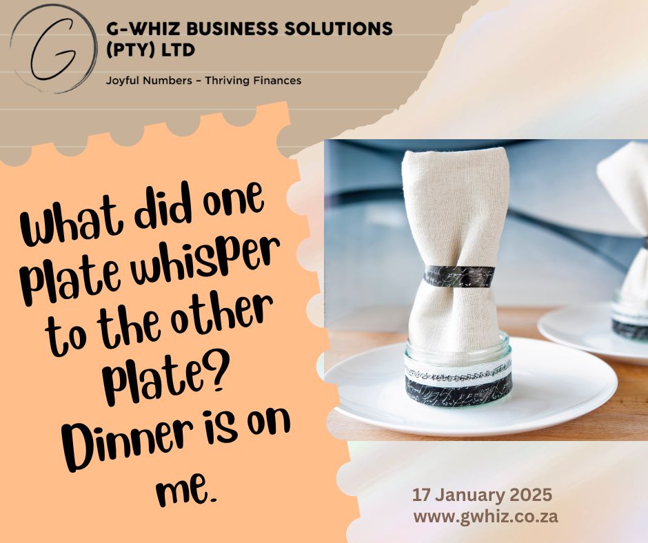 What did one plate whisper to the other plate? Dinner is on me! 🍽️ Just like a plate covering dinner, G-Whiz Business Solutions has your back when it comes to managing your business finances. 🌟 I specialize in helping small service businesses dish out financial clarity and stress-free compliance using QuickBooks Online. Whether you’re struggling to keep track of invoices or need audit-ready accounts in as little as three months, I’m here to serve up solutions tailored to your needs. 💡 Today's Quick Tip: When entering supplier invoices in QuickBooks Online, always assign categories to expenses. This makes it easier to track spending trends and identify tax-deductible costs come year-end! 🧾✨ Bookkeeping doesn’t have to feel like a chore. With a daily dad joke and tailored support, I make managing your books a little more enjoyable and a lot more efficient! 🍽️ Ready to let me take a plate off your table? 👉 Book a free consultation today at www.gwhiz.co.za or send me a message here on LinkedIn! #QuickBooksProAdvisor #SmallBusinessFinance #StressFreeCompliance #AuditReady #BookkeepingMadeEasy #FinancialClarity #QuickBooksTips #SmallBusinessSolutions #DadJokesDaily #SupportLocalBusinesses