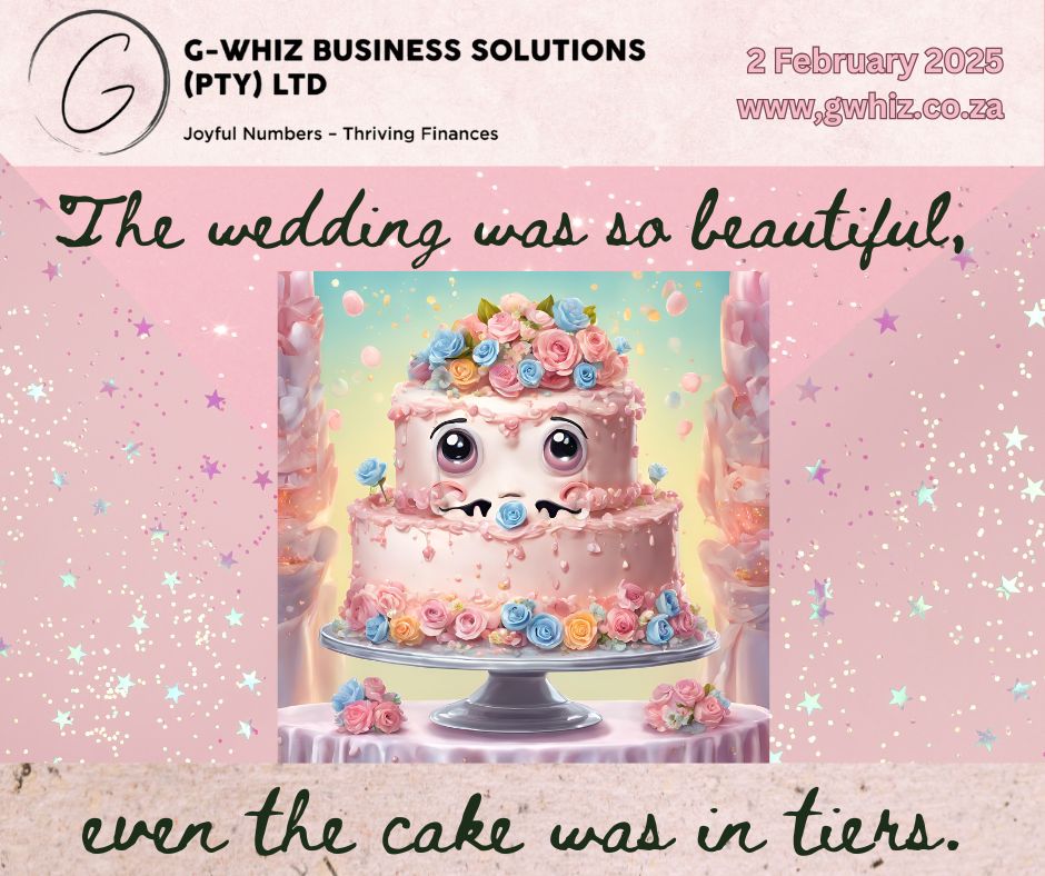 The wedding was so beautiful… 🎂 Even the cake was in tiers! Running a small business can feel the same—layered with challenges, but it’s all worth it in the end. With G-Whiz Business Solutions, I help small service business owners build strong financial foundations to support every layer of their growth. Whether it’s setting up QuickBooks Online, ensuring audit-ready accounts, or providing stress-free financial management, I’m here to make the numbers work beautifully for your business. 💡 Tip of the day: Organize your income and expenses into categories in QuickBooks Online to simplify tax season and gain a clear view of your finances year-round. At G-Whiz, I believe bookkeeping can be both efficient and enjoyable—dad jokes included! Let’s turn your financial “tiers” into triumphs. 👉 Visit www.gwhiz.co.za or message me today to start creating joyful numbers for thriving finances. #BookkeepingMadeSimple #SmallBusinessSouthAfrica #QuickBooksExpert #FinancialTips #StressFreeCompliance #AuditReadyAccounts #GWhizBusinessSolutions #BusinessFinance #DadJokesDaily #GrowYourBusiness