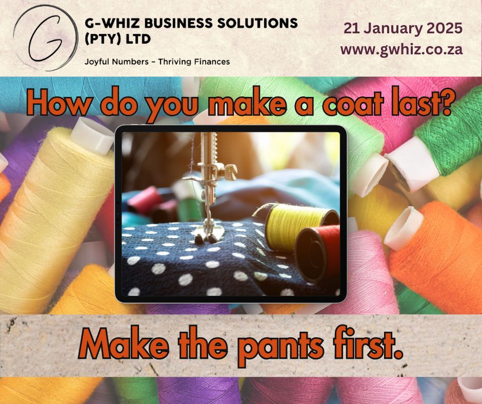 It’s a good chuckle, isn’t it? At G-Whiz Business Solutions, I believe in stitching together a good laugh with smart financial solutions. Just like tailoring a coat, building your business finances requires the right foundation. That’s where I step in to help small service business owners like you take control of their numbers—no guesswork, just clarity. Here’s how I can support your business: ✅ Implement QuickBooks Online to bring you complete financial clarity. ✅ Deliver audit-ready accounts in just 3 months—no more last-minute scrambling. ✅ Simplify compliance so you can focus on growing your business. ✅ Ensure you have accurate financial data to make informed, confident decisions. 💡 I’ll even make it enjoyable by sharing a daily dad joke. Bookkeeping doesn’t have to be boring—let’s make it fun and productive! Let me help you create a solid financial base so your business can thrive. 👉 Ready to get started? Visit www.gwhiz.co.za or send me a message today.