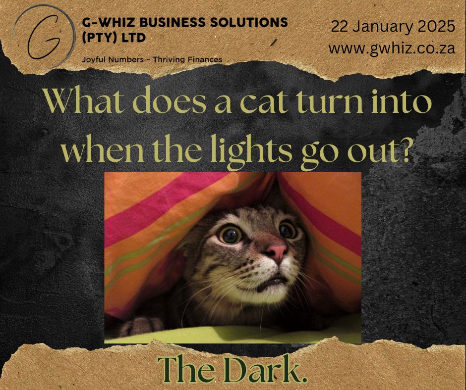 Just like this clever little joke, bookkeeping can seem mysterious and confusing when you’re in the dark. At G-Whiz Business Solutions, I help small service business owners flip the switch and gain financial clarity. Here’s how I can help brighten things up for your business: ✅ Set up and use QuickBooks Online for total transparency in your finances. ✅ Deliver audit-ready accounts in just 3 months—no stress, no surprises. ✅ Simplify compliance so you can focus on what you do best. ✅ Provide accurate financial data to help you make informed, confident decisions. 💡 And because I believe bookkeeping doesn’t have to be boring, I throw in a daily dad joke to make things a little brighter! Why work in the dark when you can have clear, organized numbers that work for you? 👉 Visit www.gwhiz.co.za or send me a message today to see how I can help your business thrive.