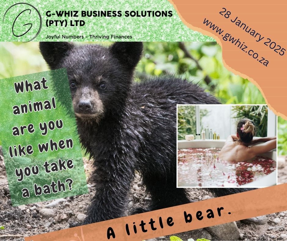 What animal are you like when you take a bath? A little bear. Just like a warm bath brings comfort and clarity, G-Whiz Business Solutions brings clarity to your finances. I use my QuickBooks Online expertise to streamline your bookkeeping, ensuring every transaction is in place and every report tells the full story of your business's success. Let me help you soak in the satisfaction of stress-free financial management! 💡 Daily Tip: Want to keep your books spotless? QuickBooks Online lets you categorize transactions automatically using bank rules. This helps you save time and maintain consistent records effortlessly. 😂 Enjoy my daily dad jokes while we make bookkeeping a breeze! 👉 Visit www.gwhiz.co.za or drop me a message to get started. #SmallBusinessFinances #QuickBooksTips #StressFreeCompliance #AuditReadyAccounts #BookkeepingMadeEasy #DadJokeOfTheDay #GWhizBusinessSolutions #BusinessTips #FinancialClarity #KemptonPark