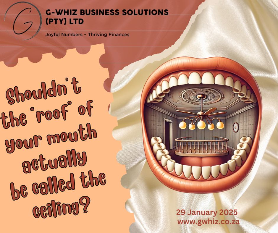 Shouldn’t the “roof” of your mouth actually be called the ceiling? 🏠😄 I couldn’t resist sharing this thought—it’s like finding a little humor in the everyday. And that’s what I love doing: making bookkeeping less stressful and a lot more enjoyable for small service business owners! Your finances shouldn’t feel like a confusing maze. With QuickBooks Online, I help you create audit-ready accounts, track your financial health accurately, and make compliance a breeze. 💡 Today’s QuickBooks Tip: Customize your dashboard to focus on key metrics like unpaid invoices or monthly income—keep what matters most front and center. Let’s turn your finances into something worth smiling about—visit www.gwhiz.co.za to see how I can help! 😊 #SmallBusinessSupport #QuickBooksProAdvisor #StressFreeFinances #AuditReadyAccounts #BookkeepingHumor #SouthAfricaSmallBusiness #FinancialTips #EntrepreneurLife #BusinessGrowth #QuickBooksTips