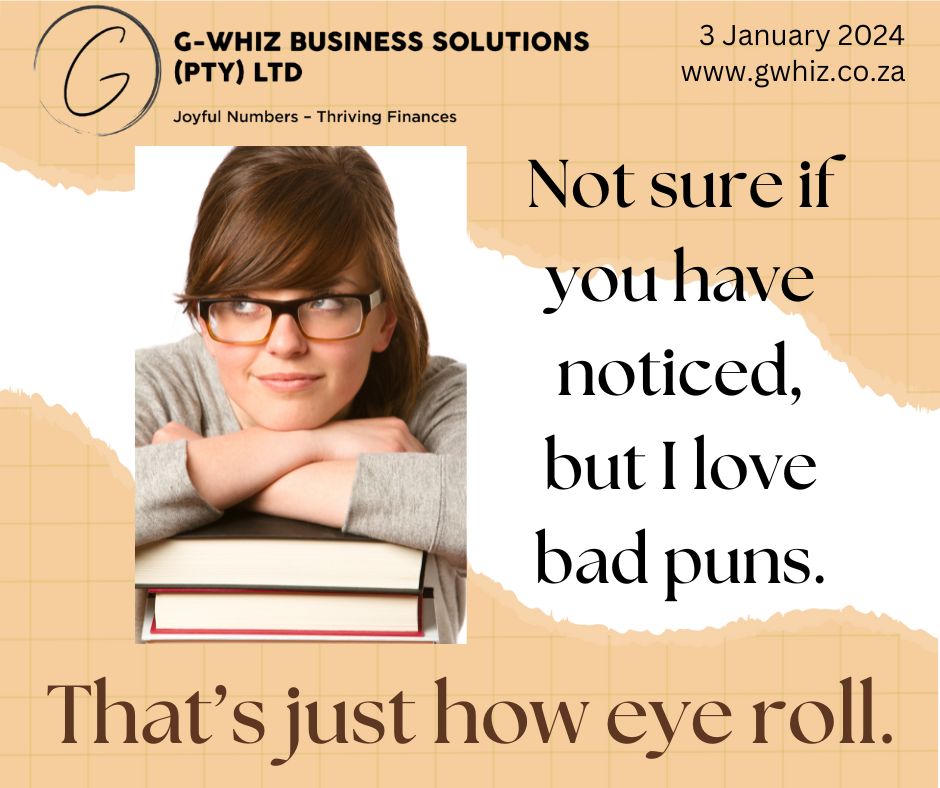 
Here’s the revised version with a new call to action:

"Not sure if you've noticed, but I love making bookkeeping fun!
That’s just how I roll. 😉"

Are you a small service business owner tired of juggling your finances?
Let G-Whiz Business Solutions (Pty) Ltd bring humor and clarity to your books.

💼 Specialized in small service businesses.
📊 Audit-ready accounts in three months.
📈 Confidence with QuickBooks Online.

Take the first step towards stress-free bookkeeping—contact us today to get started!
🌐 Visit www.gwhiz.co.za