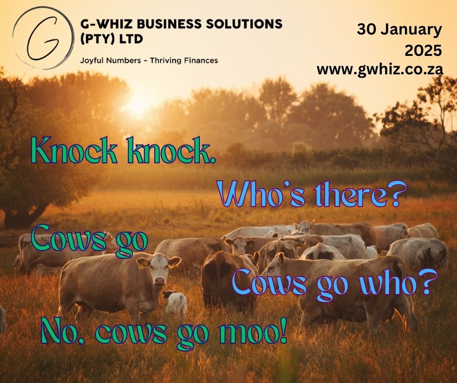 Knock, knock. Who’s there? Cows go. Cows go who? No, cows go moo! 🐄😄 𝑳𝒂𝒖𝒈𝒉𝒕𝒆𝒓 𝒊𝒔 𝒕𝒉𝒆 𝒃𝒆𝒔𝒕 𝒘𝒂𝒚 𝒕𝒐 𝒔𝒕𝒂𝒓𝒕 𝒂𝒏𝒚 𝒅𝒂𝒚, 𝒃𝒖𝒕 𝒘𝒉𝒆𝒏 𝒊𝒕 𝒄𝒐𝒎𝒆𝒔 𝒕𝒐 𝒎𝒂𝒏𝒂𝒈𝒊𝒏𝒈 𝒚𝒐𝒖𝒓 𝒇𝒊𝒏𝒂𝒏𝒄𝒆𝒔, 𝒍𝒆𝒕’𝒔 𝒍𝒆𝒂𝒗𝒆 𝒏𝒐 𝒓𝒐𝒐𝒎 𝒇𝒐𝒓 𝒄𝒐𝒏𝒇𝒖𝒔𝒊𝒐𝒏! At 𝐆-𝐖𝐡𝐢𝐳 𝐁𝐮𝐬𝐢𝐧𝐞𝐬𝐬 𝐒𝐨𝐥𝐮𝐭𝐢𝐨𝐧𝐬, I specialize in helping 𝐬𝐦𝐚𝐥𝐥 𝐬𝐞𝐫𝐯𝐢𝐜𝐞 𝐛𝐮𝐬𝐢𝐧𝐞𝐬𝐬 owners make sense of their finances. Whether sorting out your invoices or streamlining your processes with 𝐐𝐮𝐢𝐜𝐤𝐁𝐨𝐨𝐤𝐬 𝐎𝐧𝐥𝐢𝐧𝐞, I’m here to ensure your finances work as smoothly as a well-organized farm—no chaos, just thriving success! 💡 𝘘𝘶𝘪𝘤𝘬𝘉𝘰𝘰𝘬𝘴 𝘛𝘪𝘱 𝘰𝘧 𝘵𝘩𝘦 𝘋𝘢𝘺: Automate recurring transactions to save time and stay on top of regular expenses like rent or supplier payments. 𝑺𝒕𝒂𝒓𝒕 𝒚𝒐𝒖𝒓 𝒇𝒊𝒏𝒂𝒏𝒄𝒊𝒂𝒍 𝒋𝒐𝒖𝒓𝒏𝒆𝒚 𝒎𝒐𝒐-𝒗𝒊𝒏𝒈 𝒊𝒏 𝒕𝒉𝒆 𝒓𝒊𝒈𝒉𝒕 𝒅𝒊𝒓𝒆𝒄𝒕𝒊𝒐𝒏! ✅ Let's chat! Drop a comment below or send me a DM! www.gwhiz.co.za #SmallBusinessFinance #QuickBooksExpert #CleverBookkeeping #FinancialManagement #SouthAfricaBusiness #AuditReadyAccounts #EntrepreneurJourney #TimeSavingTips #StressFreeFinances #BookkeepingMadeSimple