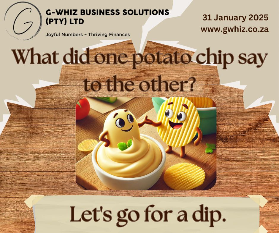 What did one potato chip say to the other? Let’s go for a dip! 🥔✨ 𝑨 𝒍𝒊𝒕𝒕𝒍𝒆 𝒉𝒖𝒎𝒐𝒓 𝒕𝒐 𝒃𝒓𝒊𝒈𝒉𝒕𝒆𝒏 𝒚𝒐𝒖𝒓 𝒅𝒂𝒚! At 𝐆-𝐖𝐡𝐢𝐳 𝐁𝐮𝐬𝐢𝐧𝐞𝐬𝐬 𝐒𝐨𝐥𝐮𝐭𝐢𝐨𝐧𝐬, I help small service business owners avoid “dipping” into confusion when it comes to finances. With my 𝐐𝐮𝐢𝐜𝐤𝐁𝐨𝐨𝐤𝐬 𝐎𝐧𝐥𝐢𝐧𝐞 expertise and a promise of audit-ready accounts in just three months, I make managing your business’s finances smooth and stress-free. 💡 𝐓𝐨𝐝𝐚𝐲’𝐬 𝐓𝐢𝐩: Keep your supplier invoices organized by using the “Attachment” feature in QuickBooks Online. It saves time and ensures you’re always audit-ready! 𝑾𝒂𝒏𝒕 𝒚𝒐𝒖𝒓 𝒃𝒖𝒔𝒊𝒏𝒆𝒔𝒔’𝒔 𝒇𝒊𝒏𝒂𝒏𝒄𝒆𝒔 𝒕𝒐 𝒄𝒉𝒊𝒑 𝒊𝒏𝒕𝒐 𝒔𝒖𝒄𝒄𝒆𝒔𝒔? Let's chat! Drop a comment below or send me a DM! www.gwhiz.co.za “Joyful Numbers – Thriving Finances” #JoyfulNumbers #QuickBooksProAdvisor #SmallBusinessSupport #StressFreeFinances #FinancialManagement #AuditReady #BookkeepingTips #SmallBusinessSA #EntrepreneurLife #SuccessStories