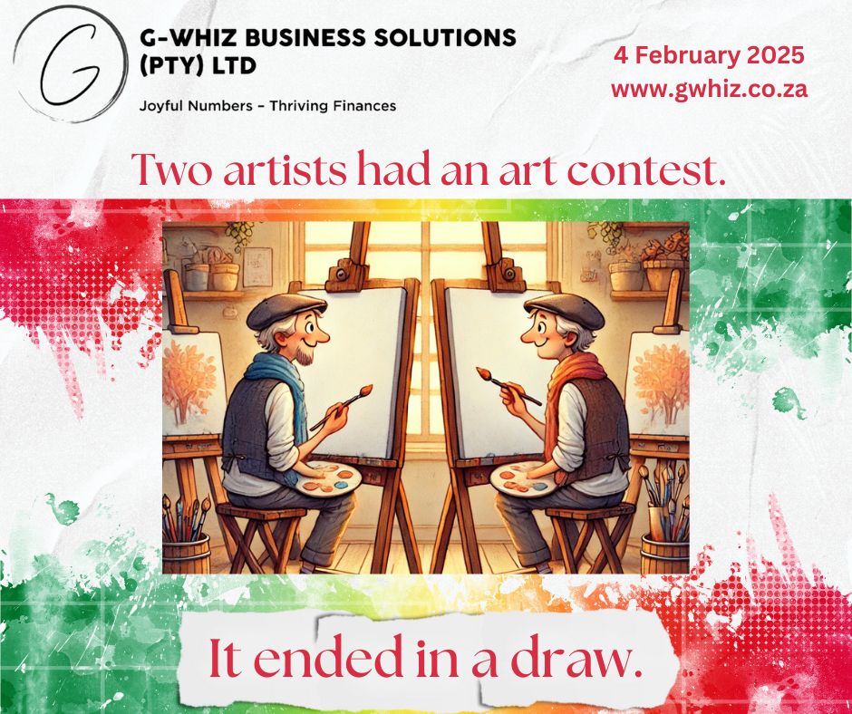 Two artists had an art contest. It ended in a draw. 🎨 In the world of finances, we aim for more than a "draw" — I help small service business owners turn messy numbers into masterpieces! 🎯 With QuickBooks Online expertise and audit-ready accounts in three months, G-Whiz Business Solutions takes the stress out of managing finances, so you can focus on what you love. Daily Tip: Did you know? Organizing your chart of accounts in QuickBooks Online helps you see exactly where your money is coming from and where it’s going. A well-structured chart is like a detailed roadmap for financial success! Start painting a clear financial picture today. Visit www.gwhiz.co.za or message me for tailored solutions. #JoyfulNumbers #ThrivingFinances #SmallBusinessHelp #QuickBooksOnline #AuditReady #FinancialSuccess #BookkeepingMadeEasy #SmallBizTips #StressFreeCompliance #KemptonPark
