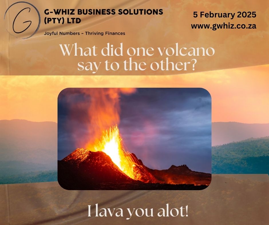 What did one volcano say to the other? I lava you a lot! 🌋 At G-Whiz Business Solutions, I "lava" helping small service businesses erupt with financial clarity and confidence! With expert QuickBooks Online setup and accurate financial reporting, you’ll have the tools to make decisions that keep your business flowing strong. Daily Tip: Using bank feeds in QuickBooks Online not only saves time but also ensures your records are as hot as lava—accurate and up to date! Sync your accounts and stay ahead of your reconciliations. Ignite your financial success today. Visit www.gwhiz.co.za or message me for tailored bookkeeping solutions that help your business thrive. #JoyfulNumbers #ThrivingFinances #QuickBooksOnlineExpert #SmallBusinessTips #FinancialSuccess #AccurateRecords #BookkeepingWithHumor #KemptonParkBusinesses #AuditReadyAccounts #StressFreeCompliance