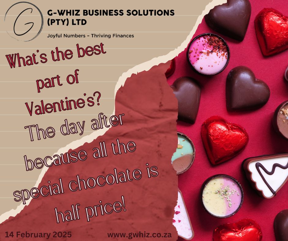 What’s the best part about Valentine’s Day? The day after—when all the chocolate is half price! Running a business doesn’t always come with discounts, but at G-Whiz Business Solutions, I offer affordable financial solutions that bring value all year long! Imagine having your financial data organized, compliance stress-free, and QuickBooks Online working as hard as you do—no need to wait for a sale. You’ll have audit-ready accounts, clear insights, and the confidence to make smarter business decisions. Fun Fact of the Day Small businesses that use QuickBooks Online can track expenses, invoices, and financial reports on the go, keeping their operations smooth no matter where they are. Ready to take the next step in making your finances as sweet as the day-after Valentine's chocolate? Drop a comment below or send me a DM! www.gwhiz.co.za “Joyful Numbers – Thriving Finances” #SmallBusiness #QuickBooksOnline #BusinessGrowth #BookkeepingMadeEasy #AuditReady #FinancialClarity #StressFreeCompliance #BusinessSuccess #GWhizBusinessSolutions #FinancialConfidence