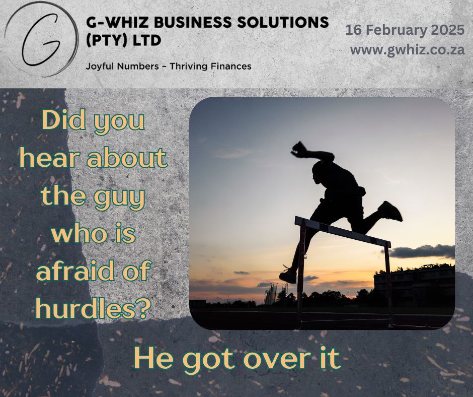 Did you hear about the guy who is afraid of hurdles? He got over it. Growing a small business comes with its fair share of hurdles—tracking expenses, staying on top of invoices, and making sense of financial statements. The good news? You don’t have to face these challenges alone. At G-Whiz Business Solutions, I help small service businesses clear financial obstacles with confidence. With QuickBooks Online expertise, I turn messy numbers into audit-ready accounts, making compliance stress-free and decision-making effortless. 🔹 Daily Tip: Did you know that QuickBooks Online lets you automate invoice reminders? Say goodbye to chasing late payments manually! Bookkeeping doesn’t have to be boring. A daily dad joke keeps things fun, while I keep your finances in check! Drop a comment below or send me a DM! 📍 www.gwhiz.co.za “Joyful Numbers – Thriving Finances” #SmallBusinessGrowth #QuickBooksOnline #BookkeepingMadeEasy #AuditReady #StressFreeFinances #EntrepreneurLife #CashFlowMatters #FinancialSuccess #ServiceBusinessOwner #ProductivityBoost