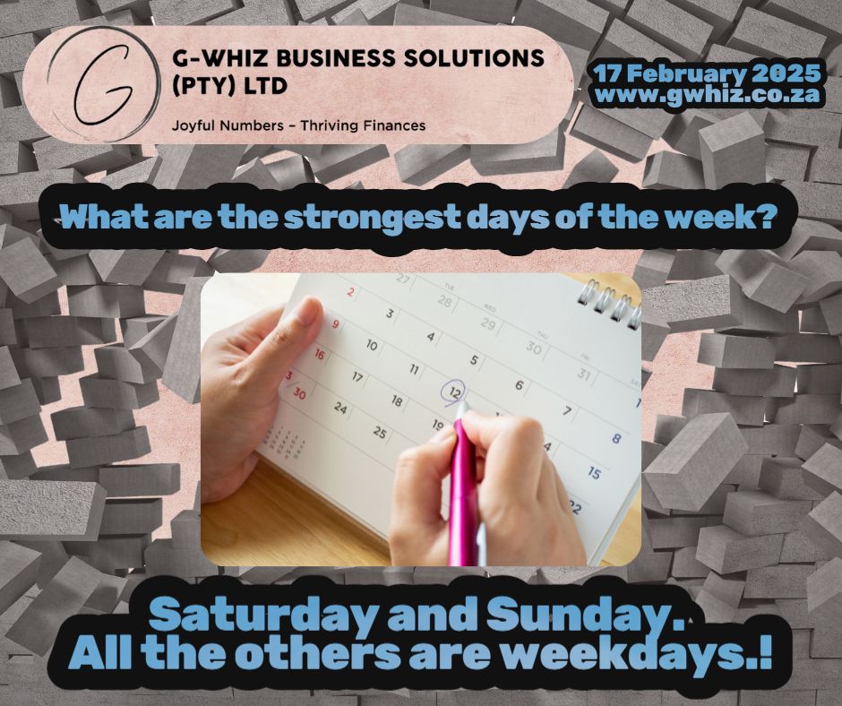 What are the strongest days of the week? Saturday and Sunday—because all the others are weekdays! Running a small business can feel like a constant test of strength. Some days, your finances feel solid. Other days, they’re stretched thin. That’s where I come in. At G-Whiz Business Solutions, I help small service businesses build financial strength with accurate, audit-ready accounts and stress-free compliance. With QuickBooks Online expertise, I take the weight off your shoulders so you can focus on growth. 🔹 Daily Tip: Need to split expenses between personal and business accounts? QuickBooks Online allows you to categorize transactions effortlessly—keeping your books clean and tax-ready! Strong businesses are built on strong numbers. And of course, a daily dad joke keeps things fun along the way! Drop a comment below or send me a DM! 📍 www.gwhiz.co.za “Joyful Numbers – Thriving Finances” #FinancialStrength #SmallBusinessSupport #QuickBooksOnline #BookkeepingMadeEasy #StressFreeFinances #EntrepreneurJourney #ServiceBusinessSuccess #CashFlowManagement #AuditReady #GrowYourBusiness