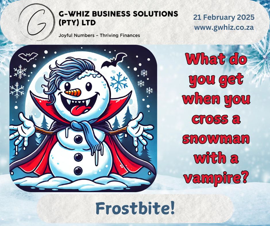 What do you get when you cross a snowman with a vampire? Frostbite! Much like frostbite can sneak up on you, so can the chaos of unorganized finances. But fear not—G-Whiz Business Solutions is here to keep your books warm and your business thriving. With QuickBooks Online expertise, I ensure your financial records are accurate and audit-ready, so you don’t have to stress over compliance. 🌟 Fun Fact of the Day: QuickBooks Online allows you to tag transactions with custom labels to track projects or specific goals. It’s a great way to dig deeper into your business performance! Bring the chill out of managing your finances while adding a bit of humor to your day. I’m here to make bookkeeping a breeze, so you can focus on growing your business. 📩 Drop a comment below or send me a DM. www.gwhiz.co.za “Joyful Numbers – Thriving Finances” #BookkeepingWithHumor #SmallBusinessGrowth #QuickBooksTips #StressFreeCompliance #AuditReadyAccounts #FinancialClarity #SouthAfricaBusiness #SmallBusinessSupport #QuickBooksProAdvisor #ThrivingFinances