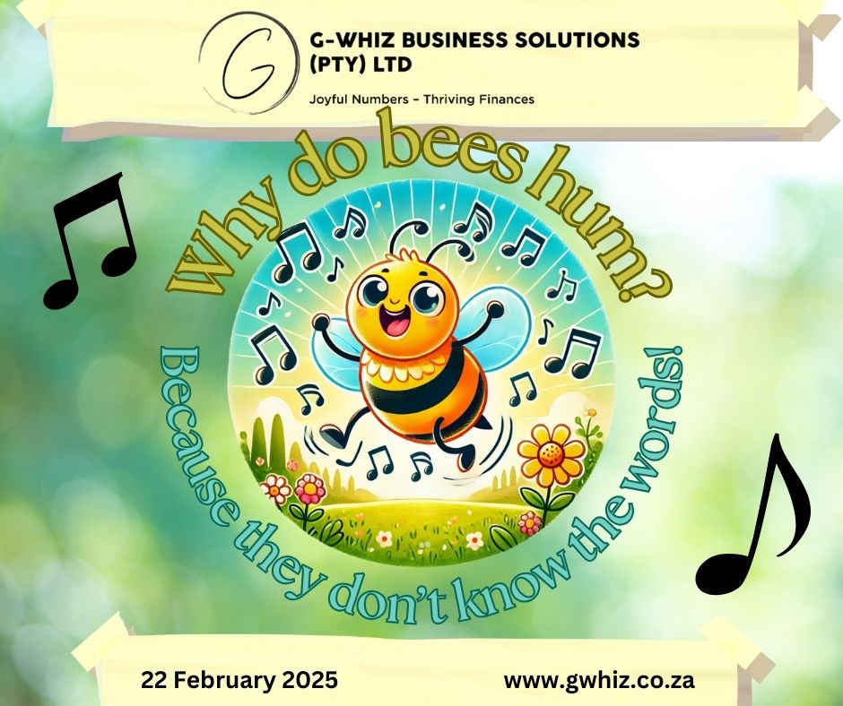 Why do bees hum? Because they don’t know the words! Managing your finances shouldn’t feel like humming along without the right tune. At G-Whiz Business Solutions, I provide the clarity and precision you need to hit all the right notes. With QuickBooks Online expertise, I help small service businesses achieve audit-ready accounts and accurate financial data—so you can run your business with confidence and ease. 🐝 Tip of the Day: Use QuickBooks Online's “Bank Rules” feature to automatically categorize recurring transactions. It saves time and ensures consistency in your bookkeeping! Add a little buzz to your day with my daily dad jokes and discover how I can help you streamline your finances with a touch of humor. 📩 Drop a comment below or send me a DM. www.gwhiz.co.za “Joyful Numbers – Thriving Finances” #BeeProductive #QuickBooksTips #AuditReadyAccounts #StressFreeBookkeeping #FinancialSuccess #SouthAfricaBusiness #SmallBusinessFinance #QuickBooksProAdvisor #HumorInBusiness #ThrivingFinances