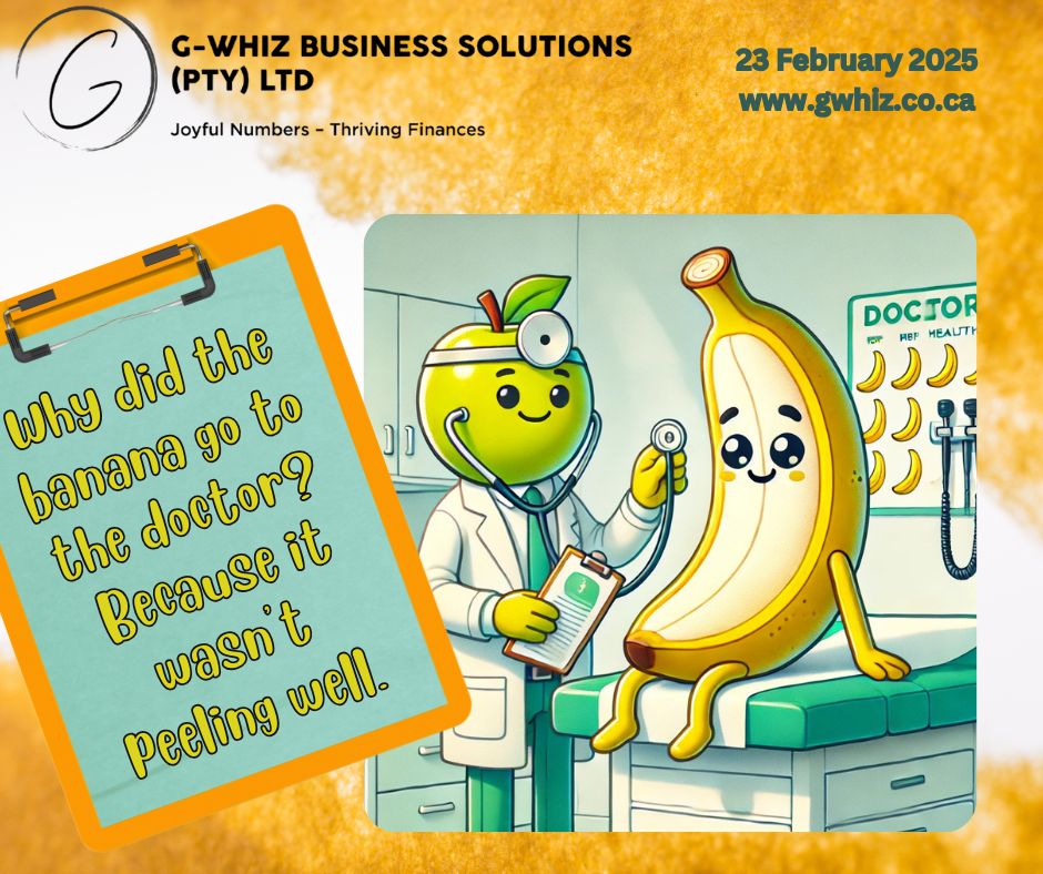 Why did the banana go to the doctor? 🍌 Because it wasn’t peeling well! And speaking of not feeling your best, does your financial health need a check-up too? At G-Whiz Business Solutions, I make sure your bookkeeping doesn’t leave you slipping! From setting up QuickBooks Online to providing accurate, audit-ready accounts in as little as three months, my goal is to help your small service business thrive. 🌟 Unique Benefit: Confidently tackle tax season with stress-free compliance. 🌟 Unique Benefit: Always have accurate financial data at your fingertips for smarter decisions. 📌 Daily Tip: If you’re using QuickBooks Online, don’t ignore the “Bank Feeds” feature—it’s a game-changer for reconciling your accounts and catching errors quickly! Bookkeeping doesn’t have to be a drag—it can be fun with a side of daily dad jokes to keep you smiling. Ready to peel back the layers of your business finances? Drop a comment below or send me a DM! www.gwhiz.co.za “Joyful Numbers – Thriving Finances” #BookkeepingHumor #QuickBooksOnlineTips #FinancialFreedom #StressFreeCompliance #SmallBusinessGrowth #DadJokesForDays #EmergingEntrepreneurs #AuditReadyAccounts #BusinessFinancesMadeSimple #SouthAfricaBusinesses