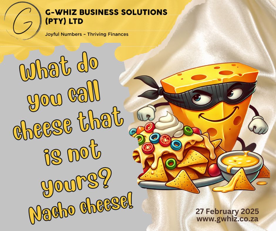 🌟 What do you call cheese that is not yours? Nacho cheese! 🧀🎭 Is your bookkeeping feeling a little "nacho" and slipping through your fingers? At 𝐆-𝐖𝐡𝐢𝐳 𝐁𝐮𝐬𝐢𝐧𝐞𝐬𝐬 𝐒𝐨𝐥𝐮𝐭𝐢𝐨𝐧𝐬, I bring order to your finances so they’re always on your plate, where they belong. 🔑 🅆🄷🄰🅃 🄸 🄾🄵🄵🄴🅁: ◽𝐐𝐮𝐢𝐜𝐤𝐁𝐨𝐨𝐤𝐬 𝐎𝐧𝐥𝐢𝐧𝐞 expertise to help you track every transaction and balance your books effortlessly. ◽ 𝐀𝐮𝐝𝐢𝐭-𝐫𝐞𝐚𝐝𝐲 𝐚𝐜𝐜𝐨𝐮𝐧𝐭𝐬 in three months, making compliance stress a thing of the past. 💡 🅃🄾🄳🄰🅈’🅂 🅃🄸🄿: Tired of late payments? Use QuickBooks Online to send customized invoice reminders—helping you get paid faster with minimal effort! Bookkeeping can be as enjoyable as a plate of nachos (and way more rewarding). 𝒟𝓮𝓁𝓌𝓎𝓃 📲 www.gwhiz.co.za ❝Jᴏyꜰᴜʟ Nᴜᴍʙᴇʀꜱ ╍ Tʜʀɪvɪɴɢ Fɪɴᴀɴcᴇꜱ❞ #BookkeepingSimplified #QuickBooksProAdvisor #AuditReadyAccounts #StressFreeCompliance #SmallBusinessGrowth #FunWithFinances #GWhizBusinessSolutions #SouthAfricanEntrepreneurs #NachoAverageBookkeeping #DailyDadJokes