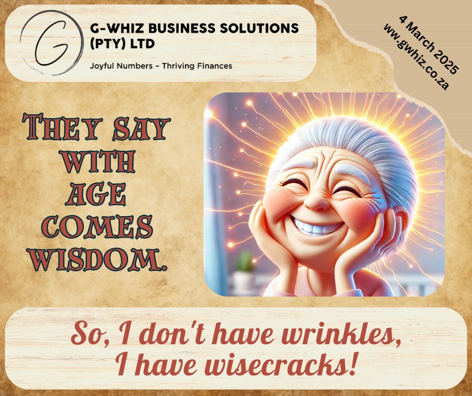 They say with age comes wisdom. So, I don't have wrinkles, I have wisecracks! Just like embracing those “wisecracks,” smart bookkeeping helps your business age gracefully too! At G-Whiz Business Solutions, I bring QuickBooks Online expertise to ensure your financial records are accurate and audit-ready—giving you the confidence to focus on what truly matters: growing your business. ✨ Pro Tip of the Day: Did you know QuickBooks Online allows you to automate recurring transactions? Save time by setting up invoices, expenses, or payments to repeat on a schedule. A small tweak, but a big timesaver! Embrace the fun side of finances with my daily dad jokes, turning bookkeeping from boring to brilliant. Reach out today to discover how I can help you achieve stress-free compliance and thriving finances. 📩 Send me a DM or visit www.gwhiz.co.za “Joyful Numbers – Thriving Finances” #SmallBusinessSupport #QuickBooksProAdvisor #StressFreeBookkeeping #AuditReady #FinancialSuccess #SmallBusinessTips #BookkeepingMadeSimple #QuickBooksTips #SouthAfricaBusiness #ThrivingFinances