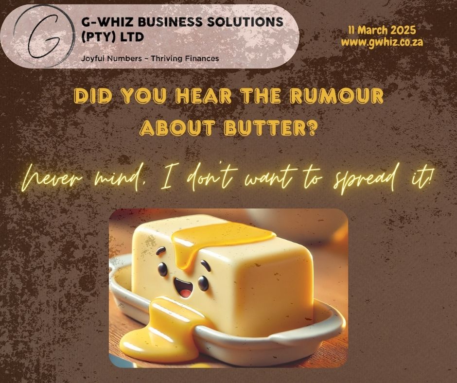🍮𝑫𝒊𝒅 𝒚𝒐𝒖 𝒉𝒆𝒂𝒓 𝒕𝒉𝒆 𝒓𝒖𝒎𝒐𝒖𝒓 𝒂𝒃𝒐𝒖𝒕 𝒃𝒖𝒕𝒕𝒆𝒓? 𝑵𝒆𝒗𝒆𝒓 𝒎𝒊𝒏𝒅, 𝑰 𝒅𝒐𝒏’𝒕 𝒘𝒂𝒏𝒕 𝒕𝒐 𝒔𝒑𝒓𝒆𝒂𝒅 𝒊𝒕! But what I do want to spread is 𝘧𝘪𝘯𝘢𝘯𝘤𝘪𝘢𝘭 𝘤𝘰𝘯𝘧𝘪𝘥𝘦𝘯𝘤𝘦 𝘧𝘰𝘳 𝘴𝘮𝘢𝘭𝘭 𝘣𝘶𝘴𝘪𝘯𝘦𝘴𝘴 𝘰𝘸𝘯𝘦𝘳𝘴. Messy books, missing invoices, and tax season stress? Not in my kitchen. With 𝐐𝐮𝐢𝐜𝐤𝐁𝐨𝐨𝐤𝐬 𝐎𝐧𝐥𝐢𝐧𝐞 expertise and a focus on audit-ready accounts, I keep your finances smooth, easy to manage, and free of unnecessary stress. 🔹 𝘕𝘰 𝘮𝘰𝘳𝘦 𝘭𝘢𝘴𝘵-𝘮𝘪𝘯𝘶𝘵𝘦 𝘴𝘤𝘳𝘢𝘮𝘣𝘭𝘦𝘴 – 𝘌𝘷𝘦𝘳𝘺𝘵𝘩𝘪𝘯𝘨 𝘪𝘴 𝘯𝘦𝘢𝘵𝘭𝘺 𝘵𝘳𝘢𝘤𝘬𝘦𝘥 𝘢𝘯𝘥 𝘳𝘦𝘢𝘥𝘺 𝘸𝘩𝘦𝘯 𝘺𝘰𝘶 𝘯𝘦𝘦𝘥 𝘪𝘵. 🔹 𝘈𝘤𝘤𝘶𝘳𝘢𝘵𝘦 𝘧𝘪𝘯𝘢𝘯𝘤𝘪𝘢𝘭 𝘪𝘯𝘴𝘪𝘨𝘩𝘵𝘴 – 𝘔𝘢𝘬𝘦 𝘥𝘦𝘤𝘪𝘴𝘪𝘰𝘯𝘴 𝘣𝘢𝘴𝘦𝘥 𝘰𝘯 𝘳𝘦𝘢𝘭 𝘯𝘶𝘮𝘣𝘦𝘳𝘴, 𝘯𝘰𝘵 𝘨𝘶𝘦𝘴𝘴𝘸𝘰𝘳𝘬. 💡 𝕋𝕠𝕕𝕒𝕪’𝕤 𝕋𝕚𝕡: Struggling with overdue invoices? Try setting clear payment terms upfront (e.g., “Due on receipt” instead of “30 days”) and follow up consistently. A simple tweak can speed up cash flow! At 𝐆-𝐖𝐡𝐢𝐳 𝐁𝐮𝐬𝐢𝐧𝐞𝐬𝐬 𝐒𝐨𝐥𝐮𝐭𝐢𝐨𝐧𝐬 bookkeeping is never boring Enjoy a daily dad joke while keeping your finances in check! 💭 Please drop a comment below or send me a DM! 𝒟𝓮𝓁𝓌𝓎𝓃 🌐 www.gwhiz.co.za ❝Jᴏyꜰᴜʟ Nᴜᴍʙᴇʀꜱ ╍ Tʜʀɪvɪɴɢ Fɪɴᴀɴcᴇꜱ❞ #SmallBusinessSuccess #QuickBooksOnline #AuditReady #FinancialClarity #StressFreeFinances #BookkeepingWithHumor #EntrepreneurLife #MoneyMatters #CashFlowManagement #SMBSupport