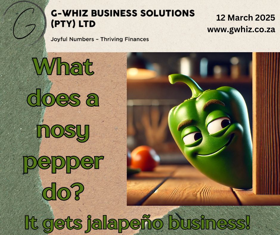 🌶️𝑾𝒉𝒂𝒕 𝒅𝒐𝒆𝒔 𝒂 𝒏𝒐𝒔𝒚 𝒑𝒆𝒑𝒑𝒆𝒓 𝒅𝒐? 𝑰𝒕 𝒈𝒆𝒕𝒔 𝒋𝒂𝒍𝒂𝒑𝒆ñ𝒐 𝒃𝒖𝒔𝒊𝒏𝒆𝒔𝒔! 🌶️ 𝘈𝘯𝘥 𝘴𝘱𝘦𝘢𝘬𝘪𝘯𝘨 𝘰𝘧 𝘨𝘦𝘵𝘵𝘪𝘯𝘨 𝘪𝘯𝘵𝘰 𝘣𝘶𝘴𝘪𝘯𝘦𝘴𝘴—how well do you really know your numbers? Many small business owners are too busy running their companies to keep a close eye on their financials. 𝘛𝘩𝘢𝘵’𝘴 𝘸𝘩𝘦𝘳𝘦 𝘐 𝘤𝘰𝘮𝘦 𝘪𝘯. With 𝐐𝐮𝐢𝐜𝐤𝐁𝐨𝐨𝐤𝐬 𝐎𝐧𝐥𝐢𝐧𝐞 expertise and a focus on audit-ready accounts, 𝐆-𝐖𝐡𝐢𝐳 𝐁𝐮𝐬𝐢𝐧𝐞𝐬𝐬 𝐒𝐨𝐥𝐮𝐭𝐢𝐨𝐧𝐬 helps small service businesses stay on top of their books, make informed decisions, and avoid financial surprises. Whether it’s tracking expenses, following up on invoices, or ensuring compliance, I’ve got it covered—without the unnecessary spice! 🔹 𝐊𝐧𝐨𝐰 𝐞𝐱𝐚𝐜𝐭𝐥𝐲 𝐰𝐡𝐞𝐫𝐞 𝐲𝐨𝐮𝐫 𝐦𝐨𝐧𝐞𝐲 𝐢𝐬 𝐠𝐨𝐢𝐧𝐠 – No more guesswork. 🔹 𝐒𝐭𝐚𝐲 𝐭𝐚𝐱-𝐫𝐞𝐚𝐝𝐲 𝐚𝐥𝐥 𝐲𝐞𝐚𝐫 𝐫𝐨𝐮𝐧𝐝 – No more last-minute panic. 💡 𝔻𝕒𝕚𝕝𝕪 𝕋𝕚𝕡: 𝘒𝘦𝘦𝘱 𝘺𝘰𝘶𝘳 𝘣𝘶𝘴𝘪𝘯𝘦𝘴𝘴 𝘢𝘯𝘥 𝘱𝘦𝘳𝘴𝘰𝘯𝘢𝘭 𝘦𝘹𝘱𝘦𝘯𝘴𝘦𝘴 𝘴𝘦𝘱𝘢𝘳𝘢𝘵𝘦! Open a dedicated business bank account and use it exclusively for company transactions. It makes bookkeeping (and tax time) much easier! 𝑾𝒉𝒐 𝒌𝒏𝒆𝒘 𝒃𝒐𝒐𝒌𝒌𝒆𝒆𝒑𝒊𝒏𝒈 𝒄𝒐𝒖𝒍𝒅 𝒃𝒆 𝒕𝒉𝒊𝒔 𝒇𝒖𝒏? 𝑬𝒏𝒋𝒐𝒚 𝒂 𝒅𝒂𝒊𝒍𝒚 𝒅𝒂𝒅 𝒋𝒐𝒌𝒆 𝒘𝒉𝒊𝒍𝒆 𝒌𝒆𝒆𝒑𝒊𝒏𝒈 𝒚𝒐𝒖𝒓 𝒇𝒊𝒏𝒂𝒏𝒄𝒆𝒔 𝒊𝒏 𝒄𝒉𝒆𝒄𝒌! Please drop a comment below or send me a DM! 𝒟𝓮𝓁𝓌𝓎𝓃 🌐 www.gwhiz.co.za ❝Jᴏyꜰᴜʟ Nᴜᴍʙᴇʀꜱ ╍ Tʜʀɪvɪɴɢ Fɪɴᴀɴcᴇꜱ❞ #SmallBusinessGrowth #QuickBooksOnline #AuditReady #FinancialClarity #StressFreeFinances #BookkeepingWithHumor #EntrepreneurLife #MoneyMatters #BusinessTips #SMBSupport