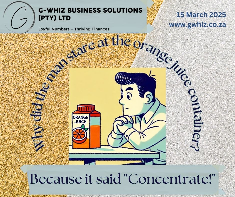 🍊𝑾𝒉𝒚 𝒅𝒊𝒅 𝒕𝒉𝒆 𝒎𝒂𝒏 𝒔𝒕𝒂𝒓𝒆 𝒂𝒕 𝒕𝒉𝒆 𝒐𝒓𝒂𝒏𝒈𝒆 𝒋𝒖𝒊𝒄𝒆 𝒄𝒐𝒏𝒕𝒂𝒊𝒏𝒆𝒓? 𝑩𝒆𝒄𝒂𝒖𝒔𝒆 𝒊𝒕 𝒔𝒂𝒊𝒅 "𝑪𝒐𝒏𝒄𝒆𝒏𝒕𝒓𝒂𝒕𝒆!"😂 📊 𝘙𝘶𝘯𝘯𝘪𝘯𝘨 𝘢 𝘴𝘮𝘢𝘭𝘭 𝘣𝘶𝘴𝘪𝘯𝘦𝘴𝘴 𝘳𝘦𝘲𝘶𝘪𝘳𝘦𝘴 𝘧𝘰𝘤𝘶𝘴, 𝘣𝘶𝘵 𝘪𝘧 𝘺𝘰𝘶𝘳 𝘧𝘪𝘯𝘢𝘯𝘤𝘦𝘴 𝘢𝘳𝘦 𝘢 𝘮𝘦𝘴𝘴, 𝘪𝘵’𝘴 𝘩𝘢𝘳𝘥 𝘵𝘰 𝘤𝘰𝘯𝘤𝘦𝘯𝘵𝘳𝘢𝘵𝘦 𝘰𝘯 𝘸𝘩𝘢𝘵 𝘳𝘦𝘢𝘭𝘭𝘺 𝘮𝘢𝘵𝘵𝘦𝘳𝘴. 𝘛𝘩𝘢𝘵’𝘴 𝘸𝘩𝘦𝘳𝘦 𝑮-𝑾𝒉𝒊𝒛 𝑩𝒖𝒔𝒊𝒏𝒆𝒔𝒔 𝑺𝒐𝒍𝒖𝒕𝒊𝒐𝒏𝒔 𝘤𝘰𝘮𝘦𝘴 𝘪𝘯! I help small service business owners zero in on their numbers with: ✅ 𝐐𝐮𝐢𝐜𝐤𝐁𝐨𝐨𝐤𝐬 𝐎𝐧𝐥𝐢𝐧𝐞 𝐞𝐱𝐩𝐞𝐫𝐭𝐢𝐬𝐞 – Stay organized and in control. ✅ 𝐀𝐮𝐝𝐢𝐭-𝐫𝐞𝐚𝐝𝐲 𝐚𝐜𝐜𝐨𝐮𝐧𝐭𝐬 – No more last-minute stress when tax season rolls around. 🎯 𝔻𝕒𝕚𝕝𝕪 𝕋𝕚𝕡: Use bank rules in QuickBooks Online to automatically categorize transactions, saving time and reducing manual errors. 𝑺𝒕𝒂𝒚 𝒇𝒐𝒄𝒖𝒔𝒆𝒅 𝒐𝒏 𝒈𝒓𝒐𝒘𝒊𝒏𝒈 𝒚𝒐𝒖𝒓 𝒃𝒖𝒔𝒊𝒏𝒆𝒔𝒔 𝒘𝒉𝒊𝒍𝒆 𝑰 𝒉𝒂𝒏𝒅𝒍𝒆 𝒕𝒉𝒆 𝒃𝒐𝒐𝒌𝒔—𝒔𝒕𝒓𝒆𝒔𝒔-𝒇𝒓𝒆𝒆, 𝒂𝒄𝒄𝒖𝒓𝒂𝒕𝒆, 𝒂𝒏𝒅 𝒆𝒗𝒆𝒏 𝒇𝒖𝒏! Please drop a comment below or send me a DM! 𝒟𝓮𝓁𝓌𝓎𝓃 🌐 www.gwhiz.co.za ❝Jᴏyꜰᴜʟ Nᴜᴍʙᴇʀꜱ ╍ Tʜʀɪvɪɴɢ Fɪɴᴀɴcᴇꜱ❞ #FocusOnSuccess #SmallBizFinance #QuickBooksMadeEasy #AuditReady #StressFreeBookkeeping #FinancialClarity #SmartMoneyMoves #EntrepreneurTips #BusinessGrowth #JoyfulNumbers