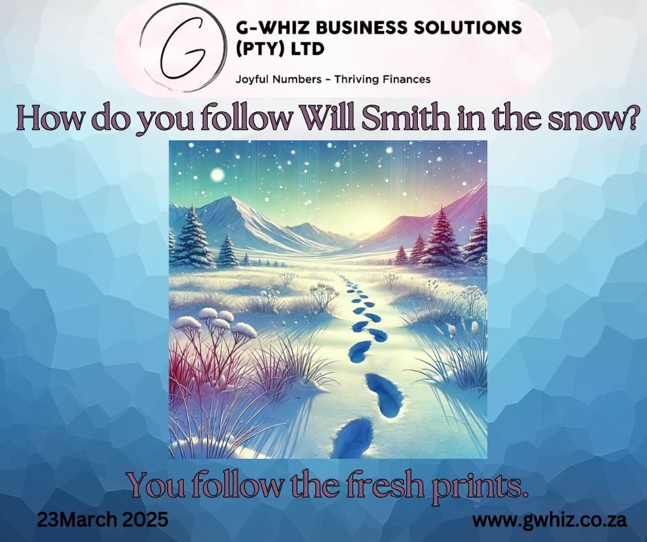 ❄️ 𝑯𝒐𝒘 𝒅𝒐 𝒚𝒐𝒖 𝒇𝒐𝒍𝒍𝒐𝒘 𝑾𝒊𝒍𝒍 𝑺𝒎𝒊𝒕𝒉 𝒊𝒏 𝒕𝒉𝒆 𝒔𝒏𝒐𝒘? 𝒀𝒐𝒖 𝒇𝒐𝒍𝒍𝒐𝒘 𝒕𝒉𝒆 𝒇𝒓𝒆𝒔𝒉 𝒑𝒓𝒊𝒏𝒕𝒔. 🎤 𝐍𝐮𝐦𝐛𝐞𝐫𝐬 𝐥𝐞𝐚𝐯𝐞 𝐚 𝐭𝐫𝐚𝐢𝐥 𝐭𝐨𝐨 —one that tells the story of your business’s health. But 𝐚𝐫𝐞 𝐲𝐨𝐮𝐫 𝐟𝐢𝐧𝐚𝐧𝐜𝐢𝐚𝐥 “𝐩𝐫𝐢𝐧𝐭𝐬” 𝐜𝐥𝐞𝐚𝐫 enough to follow? 𝐎𝐫 𝐝𝐨 𝐭𝐡𝐞𝐲 𝐝𝐢𝐬𝐚𝐩𝐩𝐞𝐚𝐫 under a storm of lost invoices, late reconciliations, and confusing spreadsheets? At 𝐆-𝐖𝐡𝐢𝐳 𝐁𝐮𝐬𝐢𝐧𝐞𝐬𝐬 𝐒𝐨𝐥𝐮𝐭𝐢𝐨𝐧𝐬, I ensure your financial records are crisp and clear. With my expertise in 𝐐𝐮𝐢𝐜𝐤𝐁𝐨𝐨𝐤𝐬 𝐎𝐧𝐥𝐢𝐧𝐞, you get 𝐚𝐮𝐝𝐢𝐭-𝐫𝐞𝐚𝐝𝐲 accounts, 𝐬𝐭𝐫𝐞𝐬𝐬-𝐟𝐫𝐞𝐞 compliance, and 𝐚𝐜𝐜𝐮𝐫𝐚𝐭𝐞 financial data at your fingertips—no more guessing which way your cash flow is heading! 📌 ℚ𝕦𝕚𝕔𝕜𝔹𝕠𝕠𝕜𝕤 𝕋𝕚𝕡 𝕠𝕗 𝕥𝕙𝕖 𝔻𝕒𝕪: 𝘚𝘵𝘳𝘶𝘨𝘨𝘭𝘪𝘯𝘨 𝘸𝘪𝘵𝘩 𝘮𝘪𝘴𝘴𝘪𝘯𝘨 𝘵𝘳𝘢𝘯𝘴𝘢𝘤𝘵𝘪𝘰𝘯𝘴 𝘪𝘯 𝘘𝘶𝘪𝘤𝘬𝘉𝘰𝘰𝘬𝘴? 𝘙𝘶𝘯 𝘢 “𝘗𝘳𝘰𝘧𝘪𝘵 & 𝘓𝘰𝘴𝘴” 𝘢𝘯𝘥 𝘤𝘰𝘮𝘱𝘢𝘳𝘦 𝘪𝘵 𝘵𝘰 𝘺𝘰𝘶𝘳 𝘣𝘢𝘯𝘬 𝘴𝘵𝘢𝘵𝘦𝘮𝘦𝘯𝘵—𝘪𝘧 𝘴𝘰𝘮𝘦𝘵𝘩𝘪𝘯𝘨’𝘴 𝘮𝘪𝘴𝘴𝘪𝘯𝘨, 𝘪𝘵’𝘴 𝘵𝘪𝘮𝘦 𝘵𝘰 𝘤𝘩𝘦𝘤𝘬 𝘧𝘰𝘳 𝘶𝘯𝘤𝘢𝘵𝘦𝘨𝘰𝘳𝘪𝘻𝘦𝘥 𝘵𝘳𝘢𝘯𝘴𝘢𝘤𝘵𝘪𝘰𝘯𝘴! Bookkeeping should be stress-free (and even a little fun). That’s why I start each day with a dad joke—because joyful numbers lead to thriving finances. Please drop a comment below or send me a DM! https://calendly.com/delwyn-gwhiz 𝒟𝓮𝓁𝓌𝓎𝓃 🌐 www.gwhiz.co.za ❝Jᴏyꜰᴜʟ Nᴜᴍʙᴇʀꜱ ╍ Tʜʀɪvɪɴɢ Fɪɴᴀɴcᴇꜱ❞ #GWhizBusinessSolutions #DelwynStafford #FinancialSuccess #SmallBusinessSupport #QuickBooksOnline #StressFreeFinances #AuditReady #BookkeepingMadeEasy #CashFlowMatters #EntrepreneurLife