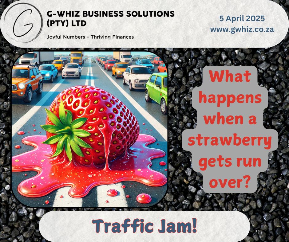 🚘🚧 🅣🅡🅐🅕🅕🅘🅒 🅙🅐🅜 🅐🅛🅔🅡🅣🚧🚘 🍓𝑾𝒉𝒂𝒕 𝒉𝒂𝒑𝒑𝒆𝒏𝒔 𝒘𝒉𝒆𝒏 𝒂 𝒔𝒕𝒓𝒂𝒘𝒃𝒆𝒓𝒓𝒚 𝒈𝒆𝒕𝒔 𝒓𝒖𝒏 𝒐𝒗𝒆𝒓? 𝑻𝒓𝒂𝒇𝒇𝒊𝒄 𝑱𝒂𝒎! 🍓 Business finances can feel the same—one 𝐦𝐢𝐬𝐬𝐞𝐝 𝐢𝐧𝐯𝐨𝐢𝐜𝐞, an 𝐨𝐯𝐞𝐫𝐝𝐮𝐞 𝐭𝐚𝐱 return, or a 𝐫𝐞𝐜𝐨𝐧𝐜𝐢𝐥𝐢𝐚𝐭𝐢𝐨𝐧 𝐢𝐬𝐬𝐮𝐞, and suddenly, 𝐲𝐨𝐮'𝐫𝐞 𝐬𝐭𝐮𝐜𝐤. 𝐆-𝐖𝐡𝐢𝐳 𝐁𝐮𝐬𝐢𝐧𝐞𝐬𝐬 𝐒𝐨𝐥𝐮𝐭𝐢𝐨𝐧𝐬 𝐜𝐥𝐞𝐚𝐫𝐬 𝐭𝐡𝐞 𝐫𝐨𝐚𝐝𝐛𝐥𝐨𝐜𝐤𝐬, ensuring smooth financial operations with audit-ready accounts and stress-free compliance. 𝐍𝐨 𝐦𝐨𝐫𝐞 𝐟𝐢𝐧𝐚𝐧𝐜𝐢𝐚𝐥 𝐠𝐫𝐢𝐝𝐥𝐨𝐜𝐤! 📌 𝔻𝕒𝕚𝕝𝕪 𝕋𝕚𝕡: 𝘘𝘶𝘪𝘤𝘬𝘉𝘰𝘰𝘬𝘴 𝘖𝘯𝘭𝘪𝘯𝘦 𝘢𝘭𝘭𝘰𝘸𝘴 𝘺𝘰𝘶 𝘵𝘰 𝘴𝘦𝘵 𝘢𝘶𝘵𝘰𝘮𝘢𝘵𝘪𝘤 𝘪𝘯𝘷𝘰𝘪𝘤𝘦 𝘳𝘦𝘮𝘪𝘯𝘥𝘦𝘳𝘴 𝘵𝘰 𝘱𝘳𝘦𝘷𝘦𝘯𝘵 𝘱𝘢𝘺𝘮𝘦𝘯𝘵 𝘥𝘦𝘭𝘢𝘺𝘴. 𝘒𝘦𝘦𝘱 𝘤𝘢𝘴𝘩 𝘧𝘭𝘰𝘸𝘪𝘯𝘨 𝘢𝘯𝘥 𝘢𝘷𝘰𝘪𝘥 𝘣𝘰𝘵𝘵𝘭𝘦𝘯𝘦𝘤𝘬𝘴 𝘪𝘯 𝘺𝘰𝘶𝘳 𝘣𝘶𝘴𝘪𝘯𝘦𝘴𝘴 𝘧𝘪𝘯𝘢𝘯𝘤𝘦𝘴! 📢 Please drop a comment below or send me a DM! https://calendly.com/delwyn-gwhiz 𝒟𝓮𝓁𝓌𝓎𝓃 🌐 www.gwhiz.co.za ❝Jᴏyꜰᴜʟ Nᴜᴍʙᴇʀꜱ ╍ Tʜʀɪvɪɴɢ Fɪɴᴀɴcᴇꜱ❞ #GWhizBusinessSolutions #DelwynStafford #SmallBusinessGrowth #FinanceMadeEasy #QuickBooksOnline #StressFreeAccounting #EntrepreneurLife #Bookkeeping #BusinessSuccess #CashFlowManagement #AuditReady