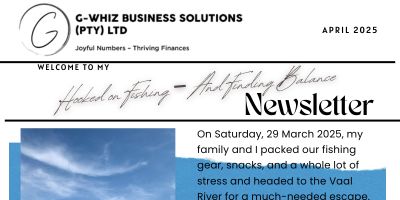 G-Whiz Business Solutions Newsletter – April 2025
Hooked on Fishing – And Finding Balance
On Saturday, 29 March 2025, my family and I packed our fishing gear, snacks, and a whole lot of stress and headed to the Vaal River for a much-needed escape. Life has been overwhelming lately, and between work, family responsibilities, and personal challenges, we were all running on empty. It was time to step away from the everyday hustle and just breathe.

The river greeted us with its gentle ripples, the air was filled with the calls of birds swooping low over the water, and the warm South African sun worked its magic, easing away the tension we had all been carrying. We set up our rods, cast our lines, and let time slow down. There’s something about fishing that forces you to be present—watching the water, feeling the slight tug of the line, and waiting patiently for that exciting moment when a fish bites.

After a while, the first big moment arrived—my daughter, with determination in her eyes, reeled in the first catch of the day! And not just any fish, but the biggest one we caught. The joy on her face was priceless, and in that moment, all the stress and exhaustion melted away. She was thrilled, and by the end of the day, she was completely hooked—on fishing and on the simple joy of slowing down.

We ended up catching three fish in total, but more than that, we caught something even more valuable: rest, laughter, and the reminder that life isn’t just about pushing forward—it’s also about pausing to enjoy the moments that truly matter.

Reeling in Clarity for Your Business
Fishing requires patience, strategy, and the right tools—just like managing your business finances. If bookkeeping feels like an overwhelming current pulling you under, I can help you navigate it with confidence. Whether you need to get your books in order, choose the right QuickBooks Online package, or simply gain clarity on your financial position, I’m here to make the process smoother.

And because I believe bookkeeping doesn’t have to be boring, I share a daily joke on my website to make it a little more fun! Visit www.gwhiz.co.za for a good laugh and to see how I can help your business stay afloat.

Here’s to more great catches—both in life and business!

Warm regards,
Delwyn
Certified QuickBooks Pro Advisor
G-Whiz Business Solutions