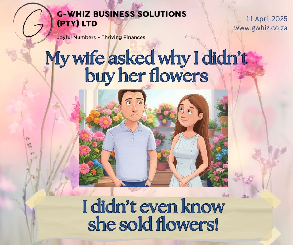 🌻𝑴𝒚 𝒘𝒊𝒇𝒆 𝒂𝒔𝒌𝒆𝒅 𝒘𝒉𝒚 𝑰 𝒅𝒊𝒅𝒏’𝒕 𝒃𝒖𝒚 𝒉𝒆𝒓 𝒇𝒍𝒐𝒘𝒆𝒓𝒔—𝑰 𝒅𝒊𝒅𝒏’𝒕 𝒆𝒗𝒆𝒏 𝒌𝒏𝒐𝒘 𝒔𝒉𝒆 𝒔𝒐𝒍𝒅 𝒇𝒍𝒐𝒘𝒆𝒓𝒔!🌹 Oops, I might have missed the bouquet, yet I’m here to ensure your small service business blooms with 𝐆-𝐖𝐡𝐢𝐳 𝐁𝐮𝐬𝐢𝐧𝐞𝐬𝐬 𝐒𝐨𝐥𝐮𝐭𝐢𝐨𝐧𝐬! 𝐓𝐡𝐢𝐧𝐤 𝐨𝐟 𝐲𝐨𝐮𝐫 𝐟𝐢𝐧𝐚𝐧𝐜𝐞𝐬 𝐚𝐬 𝐚 𝐠𝐚𝐫𝐝𝐞𝐧: without proper care, the flowers will wilt under the weight of confusion. 𝐈’𝐦 𝐲𝐨𝐮𝐫 𝐟𝐢𝐧𝐚𝐧𝐜𝐢𝐚𝐥 𝐠𝐚𝐫𝐝𝐞𝐧𝐞𝐫, nurturing your numbers with my 𝐐𝐮𝐢𝐜𝐤𝐁𝐨𝐨𝐤𝐬 𝐎𝐧𝐥𝐢𝐧𝐞 expertise and delivering stress-free compliance. 🌳𝑾𝒂𝒕𝒄𝒉 𝒚𝒐𝒖𝒓 𝒃𝒖𝒔𝒊𝒏𝒆𝒔𝒔 𝒇𝒍𝒐𝒖𝒓𝒊𝒔𝒉 𝒂𝒔 𝑰 𝒌𝒆𝒆𝒑 𝒚𝒐𝒖𝒓 𝒃𝒐𝒐𝒌𝒔 𝒊𝒏 𝒑𝒆𝒓𝒇𝒆𝒄𝒕 𝒐𝒓𝒅𝒆𝒓, 𝒍𝒆𝒂𝒗𝒊𝒏𝒈 𝒚𝒐𝒖 𝒎𝒐𝒓𝒆 𝒕𝒊𝒎𝒆 𝒕𝒐 𝒈𝒓𝒐𝒘 𝒚𝒐𝒖𝒓 𝒅𝒓𝒆𝒂𝒎𝒔! 💷 💡𝕋𝕚𝕡 𝕠𝕗 𝕥𝕙𝕖 𝔻𝕒𝕪: 𝘘𝘶𝘪𝘤𝘬𝘉𝘰𝘰𝘬𝘴 𝘖𝘯𝘭𝘪𝘯𝘦 𝘢𝘭𝘭𝘰𝘸𝘴 𝘺𝘰𝘶 𝘵𝘰 𝘴𝘦𝘵 𝘶𝘱 𝘤𝘶𝘴𝘵𝘰𝘮 𝘪𝘯𝘷𝘰𝘪𝘤𝘦 𝘳𝘦𝘮𝘪𝘯𝘥𝘦𝘳𝘴. 𝘏𝘦𝘢𝘥 𝘵𝘰 𝘵𝘩𝘦 𝘴𝘦𝘵𝘵𝘪𝘯𝘨𝘴, 𝘦𝘯𝘢𝘣𝘭𝘦 𝘢𝘶𝘵𝘰𝘮𝘢𝘵𝘦𝘥 𝘳𝘦𝘮𝘪𝘯𝘥𝘦𝘳𝘴, 𝘢𝘯𝘥 𝘦𝘯𝘴𝘶𝘳𝘦 𝘺𝘰𝘶𝘳 𝘤𝘭𝘪𝘦𝘯𝘵𝘴 𝘱𝘢𝘺 𝘰𝘯 𝘵𝘪𝘮𝘦—𝘬𝘦𝘦𝘱𝘪𝘯𝘨 𝘺𝘰𝘶𝘳 𝘤𝘢𝘴𝘩 𝘧𝘭𝘰𝘸 𝘣𝘭𝘰𝘰𝘮𝘪𝘯𝘨 𝘣𝘦𝘢𝘶𝘵𝘪𝘧𝘶𝘭𝘭𝘺 𝘧𝘰𝘳 𝘺𝘰𝘶𝘳 𝘣𝘶𝘴𝘪𝘯𝘦𝘴𝘴! I make bookkeeping a delightful experience with daily dad jokes, turning numbers into a field of fun. Ready to plant the seeds for financial success? Please drop a comment below or send me a DM or book a phone call ( https://calendly.com/delwyn-gwhiz/15-min-phone-call) or a Zoom meeting (https://calendly.com/delwyn-gwhiz/30min). 𝒟𝓮𝓁𝓌𝓎𝓃 🌐 www.gwhiz.co.za ❝Jᴏyꜰᴜʟ Nᴜᴍʙᴇʀꜱ ╍ Tʜʀɪvɪɴɢ Fɪɴᴀɴcᴇꜱ❞ #GWhizBusinessSolutions #DelwynStafford #SmallBusinessSuccess #FinancialGrowth #QuickBooksTips #BookkeepingFun #EntrepreneurJourney #BusinessBloom #StressFreeFinances #GrowYourBusiness