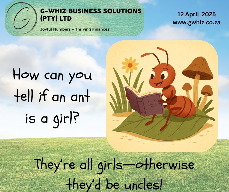🐜𝑯𝒐𝒘 𝒄𝒂𝒏 𝒚𝒐𝒖 𝒕𝒆𝒍𝒍 𝒊𝒇 𝒂𝒏 𝒂𝒏𝒕 𝒊𝒔 𝒂 𝒈𝒊𝒓𝒍? 𝑻𝒉𝒆𝒚’𝒓𝒆 𝒂𝒍𝒍 𝒈𝒊𝒓𝒍𝒔—𝒐𝒕𝒉𝒆𝒓𝒘𝒊𝒔𝒆 𝒕𝒉𝒆𝒚’𝒅 𝒃𝒆 𝒖𝒏𝒄𝒍𝒆𝒔! 🐜 Unlike ant colonies, 𝐬𝐦𝐚𝐥𝐥 𝐬𝐞𝐫𝐯𝐢𝐜𝐞 𝐛𝐮𝐬𝐢𝐧𝐞𝐬𝐬𝐞𝐬 𝐧𝐞𝐞𝐝 𝐦𝐨𝐫𝐞 𝐭𝐡𝐚𝐧 𝐢𝐧𝐬𝐭𝐢𝐧𝐜𝐭 𝐭𝐨 𝐬𝐮𝐫𝐯𝐢𝐯𝐞. I help business owners move from 𝐜𝐡𝐚𝐨𝐬 𝐭𝐨 𝐜𝐥𝐚𝐫𝐢𝐭𝐲 by setting up simple, efficient bookkeeping systems in 𝐐𝐮𝐢𝐜𝐤𝐁𝐨𝐨𝐤𝐬 𝐎𝐧𝐥𝐢𝐧𝐞. 𝑻𝒉𝒊𝒏𝒌 𝒐𝒇 𝒊𝒕 𝒍𝒊𝒌𝒆 𝒖𝒑𝒈𝒓𝒂𝒅𝒊𝒏𝒈 𝒇𝒓𝒐𝒎 𝒂𝒏𝒕 𝒕𝒓𝒂𝒊𝒍𝒔 𝒕𝒐 𝑮𝑷𝑺. With 𝐆-𝐖𝐡𝐢𝐳 𝐁𝐮𝐬𝐢𝐧𝐞𝐬𝐬 𝐒𝐨𝐥𝐮𝐭𝐢𝐨𝐧𝐬, you’ll track your finances with confidence and get audit-ready accounts in under 3 months—while enjoying the 𝐬𝐭𝐫𝐞𝐬𝐬-𝐟𝐫𝐞𝐞 satisfaction of 𝐤𝐧𝐨𝐰𝐢𝐧𝐠 𝐰𝐡𝐞𝐫𝐞 𝐞𝐯𝐞𝐫𝐲 𝐜𝐞𝐧𝐭 𝐢𝐬 𝐠𝐨𝐢𝐧𝐠. 🐜 𝓓𝓪𝓲𝓵𝔂 𝓣𝓲𝓹: 𝘊𝘳𝘦𝘢𝘵𝘦 𝘳𝘦𝘤𝘶𝘳𝘳𝘪𝘯𝘨 𝘵𝘳𝘢𝘯𝘴𝘢𝘤𝘵𝘪𝘰𝘯𝘴 𝘪𝘯 𝘘𝘶𝘪𝘤𝘬𝘉𝘰𝘰𝘬𝘴 𝘖𝘯𝘭𝘪𝘯𝘦 𝘧𝘰𝘳 𝘳𝘦𝘯𝘵, 𝘴𝘶𝘣𝘴𝘤𝘳𝘪𝘱𝘵𝘪𝘰𝘯𝘴, 𝘰𝘳 𝘭𝘰𝘢𝘯 𝘱𝘢𝘺𝘮𝘦𝘯𝘵𝘴. 𝘐𝘵’𝘴 𝘢 𝘵𝘪𝘮𝘦-𝘴𝘢𝘷𝘦𝘳 𝘢𝘯𝘥 𝘳𝘦𝘥𝘶𝘤𝘦𝘴 𝘦𝘳𝘳𝘰𝘳𝘴. 𝑭𝒊𝒏𝒂𝒏𝒄𝒊𝒂𝒍 𝒄𝒍𝒂𝒓𝒊𝒕𝒚 + 𝒅𝒂𝒅 𝒋𝒐𝒌𝒆𝒔 = 𝒂 𝒃𝒆𝒕𝒕𝒆𝒓 𝒅𝒂𝒚, 𝒆𝒗𝒆𝒓𝒚 𝒅𝒂𝒚. 𝐑𝐞𝐚𝐝𝐲 𝐭𝐨 𝐠𝐞𝐭 𝐮𝐧𝐬𝐭𝐮𝐜𝐤? Book a call today ( https://calendly.com/delwyn-gwhiz/15-min-phone-call) or book a Zoom meeting (https://calendly.com/delwyn-gwhiz/30min). 𝒟𝓮𝓁𝓌𝓎𝓃 🌐www.gwhiz.co.za ❝Jᴏyꜰᴜʟ Nᴜᴍʙᴇʀꜱ ╍ Tʜʀɪvɪɴɢ Fɪɴᴀɴcᴇꜱ❞ #GWhizBusinessSolutions #DelwynStafford #SmallBusinessSuccess #FinancialGrowth #QuickBooksTips #BookkeepingFun #EntrepreneurJourney #BusinessBloom #StressFreeFinances #GrowYourBusiness
