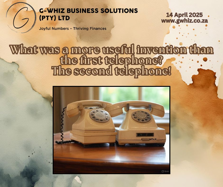 📞 A Dad Joke to Dial Down Your Bookkeeping Stress! 𝐖𝐡𝐚𝐭 𝐰𝐚𝐬 𝐚 𝐦𝐨𝐫𝐞 𝐮𝐬𝐞𝐟𝐮𝐥 𝐢𝐧𝐯𝐞𝐧𝐭𝐢𝐨𝐧 𝐭𝐡𝐚𝐧 𝐭𝐡𝐞 𝐟𝐢𝐫𝐬𝐭 𝐭𝐞𝐥𝐞𝐩𝐡𝐨𝐧𝐞? 𝐓𝐡𝐞 𝐬𝐞𝐜𝐨𝐧𝐝 𝐭𝐞𝐥𝐞𝐩𝐡𝐨𝐧𝐞 . . . because it takes two to make a connection! Speaking of connections, I’m here at 𝐆-𝐖𝐡𝐢𝐳 𝐁𝐮𝐬𝐢𝐧𝐞𝐬𝐬 𝐒𝐨𝐥𝐮𝐭𝐢𝐨𝐧𝐬 to link you with a bookkeeping system that truly works for your small service business. P̳i̳c̳t̳u̳r̳e̳ ̳t̳h̳i̳s̳: instead of tangled cords of financial stress, I set you up with 𝐐𝐮𝐢𝐜𝐤𝐁𝐨𝐨𝐤𝐬 𝐎𝐧𝐥𝐢𝐧𝐞, creating a clear, seamless connection between you and your business’s financial health. My expertise in QuickBooks Online ensures your accounts are always audit-ready, giving you peace of mind. Plus, 𝐈 𝐤𝐞𝐞𝐩 𝐞𝐯𝐞𝐫𝐲𝐭𝐡𝐢𝐧𝐠 𝐜𝐨𝐦𝐩𝐥𝐢𝐚𝐧𝐭, 𝐬𝐨 𝐲𝐨𝐮 𝐜𝐚𝐧 𝐟𝐨𝐜𝐮𝐬 𝐨𝐧 𝐠𝐫𝐨𝐰𝐢𝐧𝐠 𝐲𝐨𝐮𝐫 𝐛𝐮𝐬𝐢𝐧𝐞𝐬𝐬 𝐰𝐢𝐭𝐡𝐨𝐮𝐭 𝐭𝐡𝐞 𝐡𝐚𝐬𝐬𝐥𝐞 𝐨𝐟 𝐛𝐨𝐨𝐤𝐤𝐞𝐞𝐩𝐢𝐧𝐠 𝐜𝐡𝐚𝐨𝐬. With me at G-Whiz, your financial data stays accurate, and you’ll feel the relief of knowing your books are in expert hands. I believe bookkeeping should be as fun as a daily dad joke! That’s why I’m kicking off each day with a chuckle to make managing your finances something to smile about. 💡 𝕋𝕠𝕕𝕒𝕪’𝕤 𝕋𝕚𝕡: 𝘋𝘪𝘥 𝘺𝘰𝘶 𝘬𝘯𝘰𝘸 𝘘𝘶𝘪𝘤𝘬𝘉𝘰𝘰𝘬𝘴 𝘖𝘯𝘭𝘪𝘯𝘦 𝘢𝘭𝘭𝘰𝘸𝘴 𝘺𝘰𝘶 𝘵𝘰 𝘴𝘯𝘢𝘱 𝘢𝘯𝘥 𝘶𝘱𝘭𝘰𝘢𝘥 𝘳𝘦𝘤𝘦𝘪𝘱𝘵𝘴 𝘥𝘪𝘳𝘦𝘤𝘵𝘭𝘺 𝘧𝘳𝘰𝘮 𝘺𝘰𝘶𝘳 𝘱𝘩𝘰𝘯𝘦? 𝘕𝘰 𝘮𝘰𝘳𝘦 𝘥𝘪𝘨𝘨𝘪𝘯𝘨 𝘵𝘩𝘳𝘰𝘶𝘨𝘩 𝘴𝘩𝘰𝘦𝘣𝘰𝘹𝘦𝘴—𝘬𝘦𝘦𝘱 𝘺𝘰𝘶𝘳 𝘦𝘹𝘱𝘦𝘯𝘴𝘦𝘴 𝘰𝘳𝘨𝘢𝘯𝘪𝘻𝘦𝘥 𝘰𝘯 𝘵𝘩𝘦 𝘨𝘰! Ready to connect with a stress-free bookkeeping solution? Let's set up that meeting today to see how I can help your small service business thrive! Please drop a comment below or send me a DM! To book a phone call ( https://calendly.com/delwyn-gwhiz/15-min-phone-call) or a Zoom meeting (https://calendly.com/delwyn-gwhiz/30min). 𝒟𝓮𝓁𝓌𝓎𝓃 🌐 www.gwhiz.co.za ❝Jᴏyꜰᴜʟ Nᴜᴍʙᴇʀꜱ ╍ Tʜʀɪvɪɴɢ Fɪɴᴀɴcᴇꜱ❞ #GWhizBusinessSolutions #DelwynStafford #SmallBusinessSuccess #FinancialGrowth #QuickBooksTips #BookkeepingFun #EntrepreneurJourney #BusinessBloom #StressFreeFinances #GrowYourBusiness