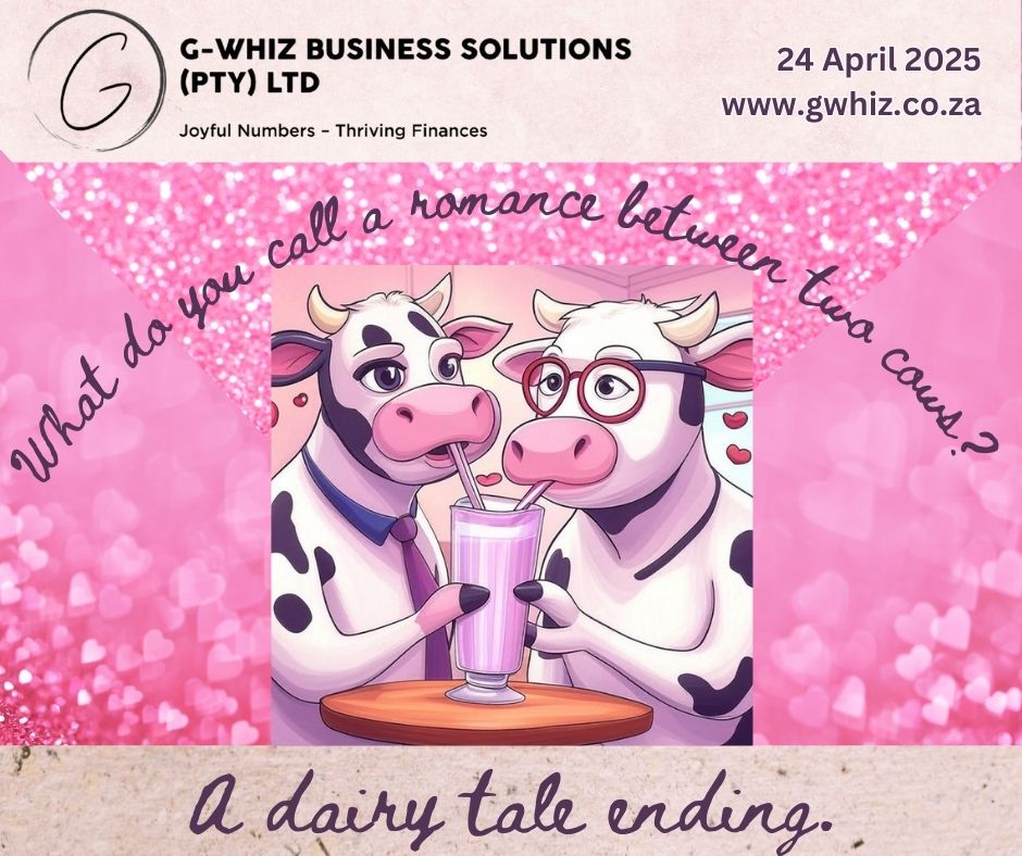 🐮𝑾𝒉𝒂𝒕 𝒅𝒐 𝒚𝒐𝒖 𝒄𝒂𝒍𝒍 𝒂 𝒓𝒐𝒎𝒂𝒏𝒄𝒆 𝒃𝒆𝒕𝒘𝒆𝒆𝒏 𝒕𝒘𝒐 𝒄𝒐𝒘𝒔? 𝑨 𝒅𝒂𝒊𝒓𝒚 𝒕𝒂𝒍𝒆 𝒆𝒏𝒅𝒊𝒏𝒈.💖 Speaking of happy endings, what if I told you your bookkeeping could have one too? 𝘗𝘪𝘤𝘵𝘶𝘳𝘦 𝘢 𝘸𝘰𝘳𝘭𝘥 𝘸𝘩𝘦𝘳𝘦 𝘵𝘩𝘦 𝘩𝘢𝘴𝘴𝘭𝘦 𝘰𝘧 𝘦𝘷𝘦𝘳𝘺𝘥𝘢𝘺 𝘣𝘰𝘰𝘬𝘬𝘦𝘦𝘱𝘪𝘯𝘨 𝘷𝘢𝘯𝘪𝘴𝘩𝘦𝘴, 𝘳𝘦𝘱𝘭𝘢𝘤𝘦𝘥 𝘣𝘺 𝘢 𝘴𝘪𝘮𝘱𝘭𝘦 𝘴𝘺𝘴𝘵𝘦𝘮 𝘵𝘢𝘪𝘭𝘰𝘳𝘦𝘥 𝘵𝘰 𝘺𝘰𝘶𝘳 𝘣𝘶𝘴𝘪𝘯𝘦𝘴𝘴. Intrigued? At 𝐆-𝐖𝐡𝐢𝐳 𝐁𝐮𝐬𝐢𝐧𝐞𝐬𝐬 𝐒𝐨𝐥𝐮𝐭𝐢𝐨𝐧𝐬, I turn that vision into reality for small service-based business owners. With my expertise in 𝐐𝐮𝐢𝐜𝐤𝐁𝐨𝐨𝐤𝐬 𝐎𝐧𝐥𝐢𝐧𝐞, I craft a setup that fits your needs perfectly, freeing you to focus on growing your business. My clients enjoy exclusive QuickBooks Online discounts and customized packages designed specifically for them. Plus, my hands-on support keeps your finances crystal clear—no guesswork, no stress. 𝔻𝕒𝕚𝕝𝕪 𝕋𝕚𝕡: Did you know small businesses in South Africa can claim tax deductions for home office expenses? Track your utility bills and office supplies in QuickBooks Online to boost your savings come tax season! 𝑫𝒐𝒏’𝒕 𝒂𝒍𝒍𝒐𝒘 𝒃𝒐𝒐𝒌𝒌𝒆𝒆𝒑𝒊𝒏𝒈 𝒕𝒐 𝒕𝒖𝒓𝒏 𝒊𝒏𝒕𝒐 𝒂 '𝒎𝒐𝒐-𝒅𝒚' 𝒎𝒆𝒔𝒔. Reach out today —I’d love to transform your financial story into a happy one! Kind regards, 𝒟𝓮𝓁𝓌𝓎𝓃 G-Whiz Business Solutions (Pty) Ltd. www.gwhiz.co.za https://calendly.com/delwyn-gwhiz “Joyful Numbers – Thriving Finances” #SmallBusinessFinance #BookkeepingMadeEasy #QuickBooksOnline #ServiceBusinessSuccess #FinancialFreedom #GWhizSolutions #BusinessHumor #EntrepreneurLife #TaxTips #DairyTaleEnding