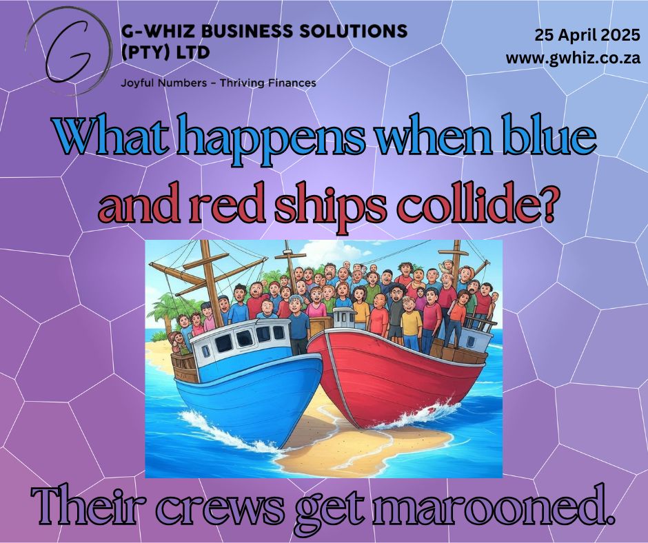 𝑾𝒉𝒂𝒕 𝒉𝒂𝒑𝒑𝒆𝒏𝒔 𝒘𝒉𝒆𝒏 𝒃𝒍𝒖𝒆🔵𝒂𝒏𝒅 𝒓𝒆𝒅🔴𝒔𝒉𝒊𝒑𝒔 𝒄𝒐𝒍𝒍𝒊𝒅𝒆? 𝑻𝒉𝒆𝒊𝒓 𝒄𝒓𝒆𝒘𝒔 𝒈𝒆𝒕 𝒎𝒂𝒓𝒐𝒐𝒏𝒆𝒅🟣! Speaking of being stuck, I know bookkeeping can sometimes leave small business owners feeling stranded. 𝘞𝘩𝘢𝘵 𝘪𝘧 𝘐 𝘤𝘰𝘶𝘭𝘥 𝘳𝘦𝘴𝘤𝘶𝘦 𝘺𝘰𝘶 𝘧𝘳𝘰𝘮 𝘵𝘩𝘢𝘵 𝘩𝘢𝘴𝘴𝘭𝘦 𝘸𝘪𝘵𝘩 𝘢 𝘴𝘪𝘮𝘱𝘭𝘦 𝘴𝘺𝘴𝘵𝘦𝘮 𝘵𝘩𝘢𝘵 𝘵𝘳𝘶𝘭𝘺 𝘸𝘰𝘳𝘬𝘴 𝘧𝘰𝘳 𝘺𝘰𝘶𝘳 𝘣𝘶𝘴𝘪𝘯𝘦𝘴𝘴? I’m here to help at 𝐆-𝐖𝐡𝐢𝐳 𝐁𝐮𝐬𝐢𝐧𝐞𝐬𝐬 𝐒𝐨𝐥𝐮𝐭𝐢𝐨𝐧𝐬, where I specialize in supporting emerging service-based business owners. Using 𝐐𝐮𝐢𝐜𝐤𝐁𝐨𝐨𝐤𝐬 𝐎𝐧𝐥𝐢𝐧𝐞, I create tailored setups that save you time, plus my clients enjoy exclusive discounts on QuickBooks subscriptions and personalized support to keep finances smooth and stress-free. 𝔻𝕒𝕚𝕝𝕪 𝕋𝕚𝕡: QuickBooks Online South Africa allows small businesses to automate VAT calculations—perfect for staying compliant without the headache! Set it up once, and watch it handle your tax prep effortlessly. 𝑫𝒐𝒏’𝒕 𝒂𝒍𝒍𝒐𝒘 𝒃𝒐𝒐𝒌𝒌𝒆𝒆𝒑𝒊𝒏𝒈 𝒕𝒐 𝒎𝒂𝒓𝒐𝒐𝒏 𝒚𝒐𝒖𝒓 𝒃𝒖𝒔𝒊𝒏𝒆𝒔𝒔 𝒅𝒓𝒆𝒂𝒎𝒔—𝒓𝒆𝒂𝒄𝒉 𝒐𝒖𝒕 𝒇𝒐𝒓 𝒂 𝒇𝒓𝒆𝒆 𝒄𝒐𝒏𝒔𝒖𝒍𝒕𝒂𝒕𝒊𝒐𝒏 𝒕𝒐𝒅𝒂𝒚 𝒂𝒏𝒅 𝒔𝒆𝒕 𝒔𝒂𝒊𝒍 𝒇𝒐𝒓 𝒔𝒎𝒐𝒐𝒕𝒉𝒆𝒓 𝒇𝒊𝒏𝒂𝒏𝒄𝒆𝒔! To book a phone call ( https://calendly.com/delwyn-gwhiz/15-min-phone-call) or a Zoom meeting (https://calendly.com/delwyn-gwhiz/30min). Kind regards, 𝒟𝓮𝓁𝓌𝓎𝓃 G-Whiz Business Solutions (Pty) Ltd. www.gwhiz.co.za https://calendly.com/delwyn-gwhiz “Joyful Numbers – Thriving Finances” #SmallBusinessFinance #BookkeepingSolutions #QuickBooksOnline #ServiceBusinessGrowth #FinancialClarity #GWhizSolutions #EntrepreneurSupport #TaxTips #BusinessHumor #MaroonedNoMore