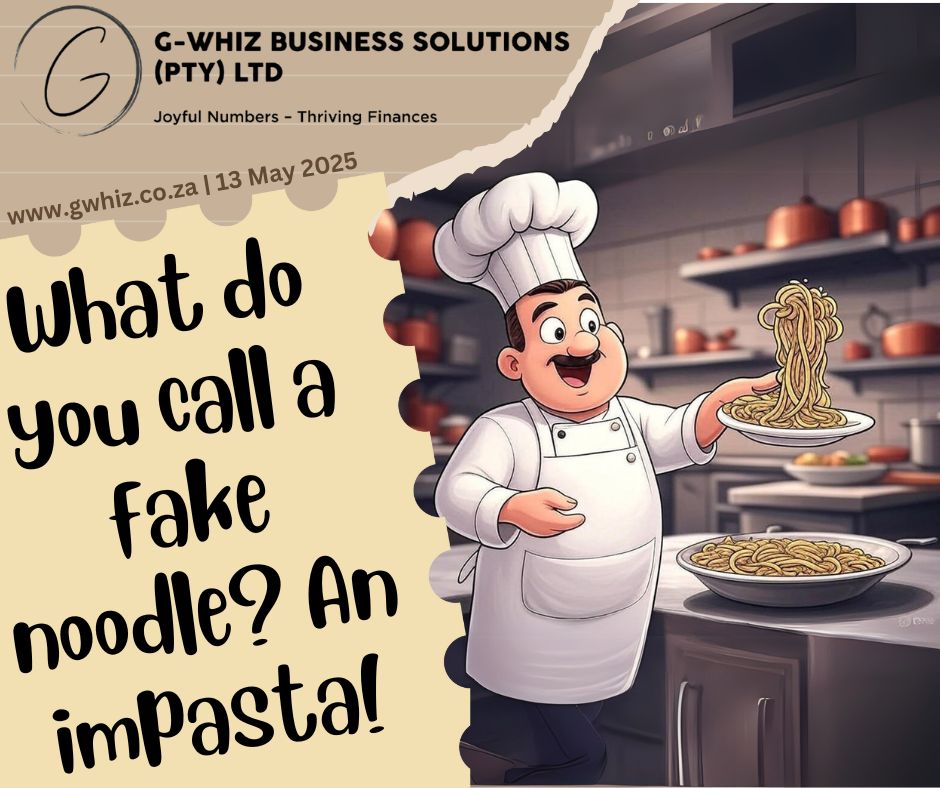 𝑾𝒉𝒂𝒕 𝒅𝒐 𝒚𝒐𝒖 𝒄𝒂𝒍𝒍 𝒂 𝒇𝒂𝒌𝒆 𝒏𝒐𝒐𝒅𝒍𝒆? 𝑨𝒏 𝒊𝒎𝒑𝒂𝒔𝒕𝒂! 😄 Just as an impasta might trick your taste buds, I’m here to unmask financial confusion for small service business owners with a dash of flair! At 𝐆-𝐖𝐡𝐢𝐳 𝐁𝐮𝐬𝐢𝐧𝐞𝐬𝐬 𝐒𝐨𝐥𝐮𝐭𝐢𝐨𝐧𝐬, I serve up 𝐐𝐮𝐢𝐜𝐤𝐁𝐨𝐨𝐤𝐬 𝐎𝐧𝐥𝐢𝐧𝐞 expertise and accurate financial data, ensuring your books are as genuine and satisfying as a perfectly cooked meal. 𝑰 𝒕𝒓𝒂𝒏𝒔𝒇𝒐𝒓𝒎 𝒚𝒐𝒖𝒓 𝒇𝒊𝒏𝒂𝒏𝒄𝒊𝒂𝒍 𝒓𝒆𝒄𝒊𝒑𝒆 𝒊𝒏𝒕𝒐 𝒂 𝒎𝒂𝒔𝒕𝒆𝒓𝒑𝒊𝒆𝒄𝒆 𝒐𝒇 𝒄𝒍𝒂𝒓𝒊𝒕𝒚 𝒂𝒏𝒅 𝒄𝒐𝒏𝒕𝒓𝒐𝒍! 𝓓𝓪𝓲𝓵𝔂 𝓕𝓾𝓷 𝓕𝓪𝓬𝓽: QuickBooks Online’s “Inventory” feature tracks stock levels in real-time, helping avoid those unexpected shortages! My rates include a special QuickBooks Online package to spice up your bookkeeping. Daily dad jokes bring a playful twist to the process—ready to savor some humor in your finances? Please drop a comment below or book a phone call ( https://calendly.com/delwyn-gwhiz/15-min-phone-call) or a Zoom meeting (https://calendly.com/delwyn-gwhiz/30min). Kind regards, 𝒟𝓮𝓁𝓌𝓎𝓃 G-Whiz Business Solutions (Pty) Ltd. www.gwhiz.co.za lhttps://calendly.com/delwyn-gwhiz “ᴊᴏyꜰᴜʟ ɴᴜᴍʙᴇʀꜱ – ᴛʜʀɪvɪɴɢ ꜰɪɴᴀɴcᴇꜱ” #smallBusinessCuisine #FinancialFlavor #QuickBooksChef #AccurateAccounts #BusinessMastery #EntrepreneurTaste #AccountingDelight #MoneyMenu #TaxTaste #GrowthGourmet
