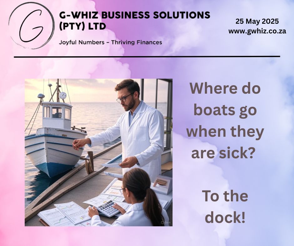 𝑾𝒉𝒆𝒓𝒆 𝒅𝒐 𝒃𝒐𝒂𝒕𝒔 🛥 𝒈𝒐 𝒘𝒉𝒆𝒏 𝒕𝒉𝒆𝒚 𝒂𝒓𝒆 𝒔𝒊𝒄𝒌🩺? 𝑻𝒐 𝒕𝒉𝒆 𝒅𝒐𝒄𝒌! 🤪 Hey there! Ever wonder about that? 𝐈’𝐦 𝐡𝐞𝐫𝐞 𝐭𝐨 𝐬𝐭𝐞𝐞𝐫 𝐞𝐦𝐞𝐫𝐠𝐢𝐧𝐠 𝐬𝐦𝐚𝐥𝐥 𝐬𝐞𝐫𝐯𝐢𝐜𝐞 𝐛𝐮𝐬𝐢𝐧𝐞𝐬𝐬 𝐨𝐰𝐧𝐞𝐫𝐬 𝐭𝐡𝐫𝐨𝐮𝐠𝐡 𝐭𝐡𝐞 𝐭𝐮𝐫𝐛𝐮𝐥𝐞𝐧𝐭 𝐰𝐚𝐯𝐞𝐬 𝐨𝐟 𝐛𝐨𝐨𝐤𝐤𝐞𝐞𝐩𝐢𝐧𝐠 𝐬𝐭𝐫𝐮𝐠𝐠𝐥𝐞𝐬. At 𝐆-𝐖𝐡𝐢𝐳 𝐁𝐮𝐬𝐢𝐧𝐞𝐬𝐬 𝐒𝐨𝐥𝐮𝐭𝐢𝐨𝐧𝐬, I provide custom financial strategies tailored to the specific needs of your blossoming business. My effortless integration with 𝐐𝐮𝐢𝐜𝐤𝐁𝐨𝐨𝐤𝐬 𝐎𝐧𝐥𝐢𝐧𝐞 𝐒𝐨𝐮𝐭𝐡 𝐀𝐟𝐫𝐢𝐜𝐚 ensures your financial records stay precise and current, paving the way for smooth operations. As your trusted partner, I handle the intricacies of cash flow management, expense monitoring, and tax readiness, guiding you toward greater profitability with simplicity. Daily Tip: Did you know? Using QuickBooks Online South Africa’s automated invoicing feature can reduce payment delays by 25%, boosting your cash flow efficiency. 𝑫𝒐𝒄𝒌 𝒚𝒐𝒖𝒓 𝒇𝒊𝒏𝒂𝒏𝒄𝒊𝒂𝒍 𝒄𝒐𝒏𝒄𝒆𝒓𝒏𝒔 𝒘𝒊𝒕𝒉 𝑮-𝑾𝒉𝒊𝒛 𝒇𝒐𝒓 𝒂 𝒕𝒉𝒓𝒊𝒗𝒊𝒏𝒈 𝒃𝒖𝒔𝒊𝒏𝒆𝒔𝒔! Leave a comment or book a phone call (https://calendly.com/delwyn-gwhiz/15-min-phone-call) or a Zoom meeting (https://calendly.com/delwyn-gwhiz/30min). Kind regards, 𝒟𝓮𝓁𝓌𝓎𝓃 G-Whiz Business Solutions (Pty) Ltd. 🌐 www.gwhiz.co.za 📆 https://calendly.com/delwyn-gwhiz “ᴊᴏyꜰᴜʟ ɴᴜᴍʙᴇʀꜱ – ᴛʜʀɪvɪɴɢ ꜰɪɴᴀɴcᴇꜱ” #SmallBusinessFinance #QuickBooksSouthAfrica #BookkeepingSolutions #FinancialFreedom #BusinessGrowth #EntrepreneurTips #GWhizSolutions #AccountingMadeEasy #SouthAfricanBusiness #FinancialPlanning