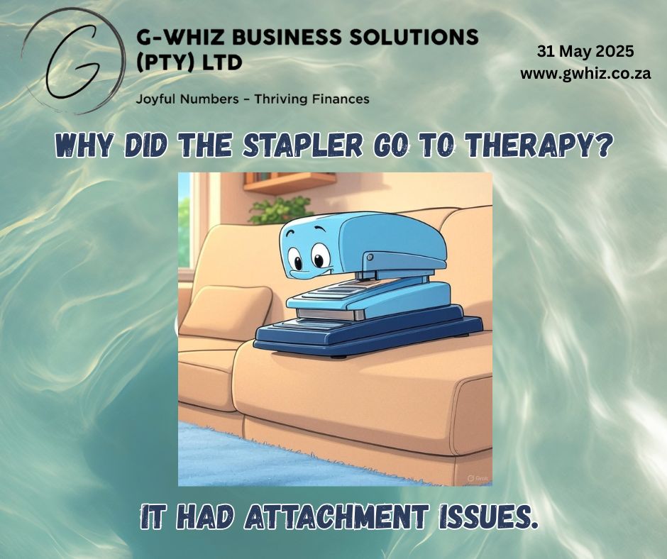 🧠 𝑾𝒉𝒚 𝒅𝒊𝒅 𝒕𝒉𝒆 𝒔𝒕𝒂𝒑𝒍𝒆𝒓 𝒈𝒐 𝒕𝒐 𝒕𝒉𝒆𝒓𝒂𝒑𝒚? 𝑩𝒆𝒄𝒂𝒖𝒔𝒆 𝒊𝒕 𝒉𝒂𝒅 𝒂𝒕𝒕𝒂𝒄𝒉𝒎𝒆𝒏𝒕 𝒊𝒔𝒔𝒖𝒆𝒔! 📎😅 S̳pe̳a̳k̳i̳n̳g ̳o̳f̳ ̳a̳t̳t̳a̳c̳h̳m̳e̳n̳t̳s̳.̳.̳.̳ As a small service business owner, you might feel tangled in messy bookkeeping—stuck in a cycle of stress and confusion. 😩📉 T̳h̳a̳t̳’̳s̳ ̳w̳h̳e̳r̳e̳ ̳I̳ ̳c̳o̳m̳e̳ ̳i̳n̳.̳ ✨ At 𝐆-𝐖𝐡𝐢𝐳 𝐁𝐮𝐬𝐢𝐧𝐞𝐬𝐬 𝐒𝐨𝐥𝐮𝐭𝐢𝐨𝐧𝐬, I help unjam your financial woes with a system that runs as smoothly as a well-oiled hinge. 📚 𝐈𝐦𝐚𝐠𝐢𝐧𝐞 𝐭𝐡𝐢𝐬: ✅ Your books are clear ✅ Your data is current ✅ Your compliance is sorted …all thanks to my 𝐐𝐮𝐢𝐜𝐤𝐁𝐨𝐨𝐤𝐬 𝐎𝐧𝐥𝐢𝐧𝐞 expertise. 𝐈 𝐭𝐚𝐤𝐞 𝐭𝐡𝐞 𝐬𝐭𝐫𝐞𝐬𝐬 𝐨𝐮𝐭 𝐨𝐟 𝐜𝐨𝐦𝐩𝐥𝐢𝐚𝐧𝐜𝐞 𝐚𝐧𝐝 𝐝𝐞𝐥𝐢𝐯𝐞𝐫 𝐚𝐜𝐜𝐮𝐫𝐚𝐭𝐞 𝐟𝐢𝐧𝐚𝐧𝐜𝐢𝐚𝐥 𝐝𝐚𝐭𝐚—𝐬𝐨 𝐲𝐨𝐮 𝐜𝐚𝐧 𝐟𝐨𝐜𝐮𝐬 𝐨𝐧 𝐠𝐫𝐨𝐰𝐢𝐧𝐠 𝐲𝐨𝐮𝐫 𝐛𝐮𝐬𝐢𝐧𝐞𝐬𝐬, 𝐧𝐨𝐭 𝐰𝐫𝐞𝐬𝐭𝐥𝐢𝐧𝐠 𝐰𝐢𝐭𝐡 𝐧𝐮𝐦𝐛𝐞𝐫𝐬. 📈💼 💡D̳a̳i̳l̳y ̳T̳i̳p: Did you know QuickBooks Online lets you automate recurring invoices? Set it up once for regular clients and watch your 💵 cash flow stay steady—without the hassle. 𝐀𝐧𝐝 𝐲𝐞𝐬, 𝐦𝐲 𝐝𝐚𝐢𝐥𝐲 𝐝𝐚𝐝 𝐣𝐨𝐤𝐞𝐬 𝐚𝐫𝐞 𝐡𝐞𝐫𝐞 𝐭𝐨 𝐛𝐫𝐢𝐧𝐠 𝐚 𝐬𝐦𝐢𝐥𝐞 𝐰𝐡𝐢𝐥𝐞 𝐈 𝐦𝐚𝐤𝐞 𝐛𝐨𝐨𝐤𝐤𝐞𝐞𝐩𝐢𝐧𝐠 𝐟𝐮𝐧 𝐚𝐧𝐝 𝐞𝐟𝐟𝐨𝐫𝐭𝐥𝐞𝐬𝐬. 😄📊 👉 Ready to get your books in order? Let’s chat. Leave a comment or book a phone call ( https://calendly.com/delwyn-gwhiz/15-min-phone-call) or a Zoom meeting (https://calendly.com/delwyn-gwhiz/30min). Kind regards, 𝒟𝓮𝓁𝓌𝓎𝓃 G-Whiz Business Solutions (Pty) Ltd. 🌐www.gwhiz.co.za 📆https://calendly.com/delwyn-gwhiz “ᴊᴏyꜰᴜʟ ɴᴜᴍʙᴇʀꜱ – ᴛʜʀɪvɪɴɢ ꜰɪɴᴀɴcᴇꜱ” #SmallBusiness #Bookkeeping #QuickBooksOnline #FinancialFreedom #BusinessGrowth #StressFree #Compliance #AccurateData #Entrepreneur #BusinessTips #DadJokeOfTheDay