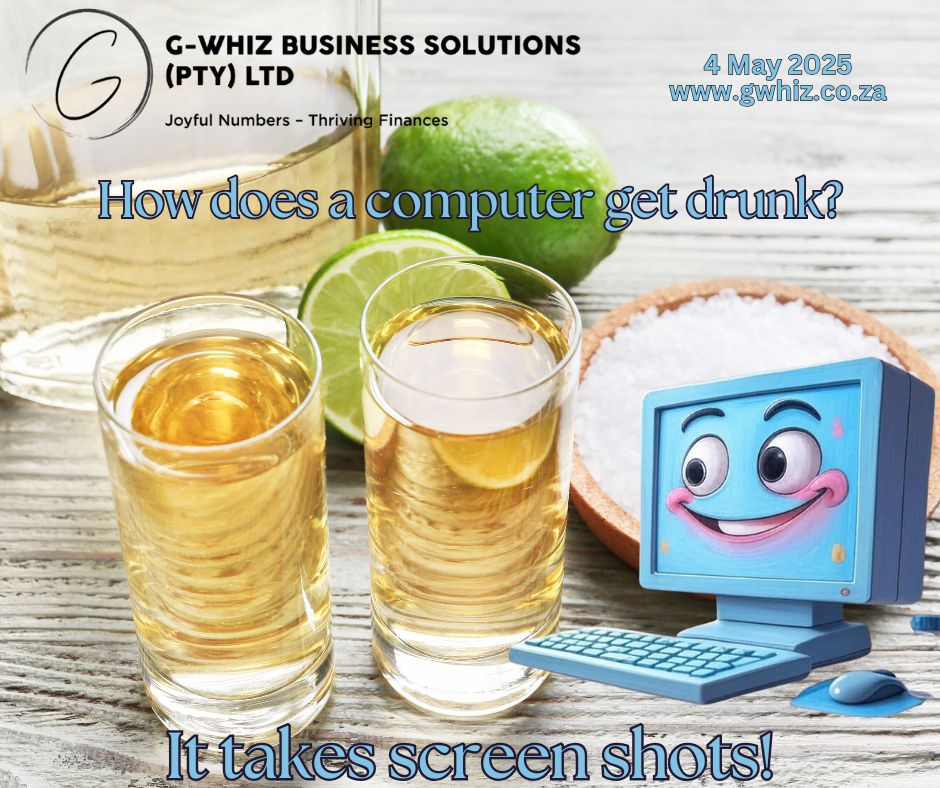 𝑯𝒐𝒘 𝒅𝒐𝒆𝒔 𝒂 𝒄𝒐𝒎𝒑𝒖𝒕𝒆𝒓 𝒈𝒆𝒕 𝒅𝒓𝒖𝒏𝒌? 𝑰𝒕 𝒕𝒂𝒌𝒆𝒔 𝒔𝒄𝒓𝒆𝒆𝒏 𝒔𝒉𝒐𝒕𝒔! While your tech might be tipsy, your bookkeeping doesn’t have to be. I can streamline your financial processes with a simple system tailored for small service business owners. At 𝐆-𝐖𝐡𝐢𝐳 𝐁𝐮𝐬𝐢𝐧𝐞𝐬𝐬 𝐒𝐨𝐥𝐮𝐭𝐢𝐨𝐧𝐬, my personalized support and 𝐐𝐮𝐢𝐜𝐤𝐁𝐨𝐨𝐤𝐬 𝐎𝐧𝐥𝐢𝐧𝐞 𝐒𝐨𝐮𝐭𝐡 𝐀𝐟𝐫𝐢𝐜𝐚 expertise keep your numbers sober and accurate. 𝕱𝖚𝖞 𝕱𝖆𝖈𝖙: 𝘘𝘶𝘪𝘤𝘬𝘉𝘰𝘰𝘬𝘴 𝘖𝘯𝘭𝘪𝘯𝘦 𝘰𝘧𝘧𝘦𝘳𝘴 𝘳𝘦𝘢𝘭-𝘵𝘪𝘮𝘦 𝘤𝘢𝘴𝘩 𝘧𝘭𝘰𝘸 𝘵𝘳𝘢𝘤𝘬𝘪𝘯𝘨—𝘱𝘦𝘳𝘧𝘦𝘤𝘵 𝘧𝘰𝘳 𝘴𝘵𝘢𝘺𝘪𝘯𝘨 𝘰𝘯 𝘵𝘰𝘱 𝘰𝘧 𝘺𝘰𝘶𝘳 𝘧𝘪𝘯𝘢𝘯𝘤𝘦𝘴! 𝐑𝐞𝐚𝐝𝐲 𝐭𝐨 𝐬𝐨𝐛𝐞𝐫 𝐮𝐩 𝐲𝐨𝐮𝐫 𝐛𝐨𝐨𝐤𝐬? Reach out, and we’ll capture a clear financial picture together. To book a phone call ( https://calendly.com/delwyn-gwhiz/15-min-phone-call) or a Zoom meeting (https://calendly.com/delwyn-gwhiz/30min). Kind regards, 𝒟𝓮𝓁𝓌𝓎𝓃 G-Whiz Business Solutions (Pty) Ltd. 🌐www.gwhiz.co.za 📆https://calendly.com/delwyn-gwhiz “ᴊᴏyꜰᴜʟ ɴᴜᴍʙᴇʀꜱ – ᴛʜʀɪvɪɴɢ ꜰɪɴᴀɴcᴇꜱ” #SmallBusiness #Bookkeeping #FinancialFreedom #QuickBooksSouthAfrica #BusinessTips #EntrepreneurLife #MoneyManagement #BusinessGrowth #HumorInBusiness #TechJoke