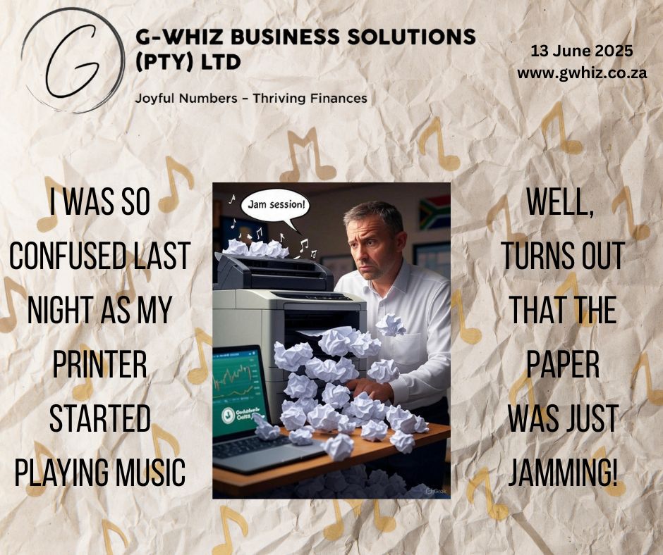 I was so confused last night as my printer started playing music . . . well, it turns out that the paper was just jamming!

That printer jam chaos reminds me of the tangled mess small business finances can become for emerging service business owners. I’m Delwyn from G-Whiz Business Solutions, and I’m here to unjam your bookkeeping with a clear, tailored system that works for your business. With my personalized support and expertise as a QuickBooks Online wholesaler, I ensure your financial records are audit-ready and easy to manage, saving you time and stress. Plus, I provide free QuickBooks Online setup with a 2-month transaction history to kickstart your financial clarity.

Daily Tip: QuickBooks Online’s mobile app lets you snap photos of receipts and upload them directly to your account, instantly matching them to transactions. This keeps your expense tracking seamless, especially when you’re on the go in South Africa’s busy business scene.

Don’t let your finances stay in a jam! Leave a comment or book a phone call (https://calendly.com/delwyn-gwhiz/15-min-phone-call) or a Zoom meeting (https://calendly.com/delwyn-gwhiz/30min).

Kind regards,

𝒟𝓮𝓁𝓌𝓎𝓃

G-Whiz Business Solutions (Pty) Ltd.

🌐www.gwhiz.co.za

📆https://calendly.com/delwyn-gwhiz

“ᴊᴏyꜰᴜʟ ɴᴜᴍʙᴇʀꜱ – ᴛʜʀɪvɪɴɢ ꜰɪɴᴀɴcᴇꜱ”

#SmallBusinessFinance #QuickBooksOnline #BookkeepingSolutions #SouthAfricaBusiness #FinancialFreedom #BusinessGrowth #AuditReady #EntrepreneurSupport #GWhizBusinessSolutions #SmartBookkeeping