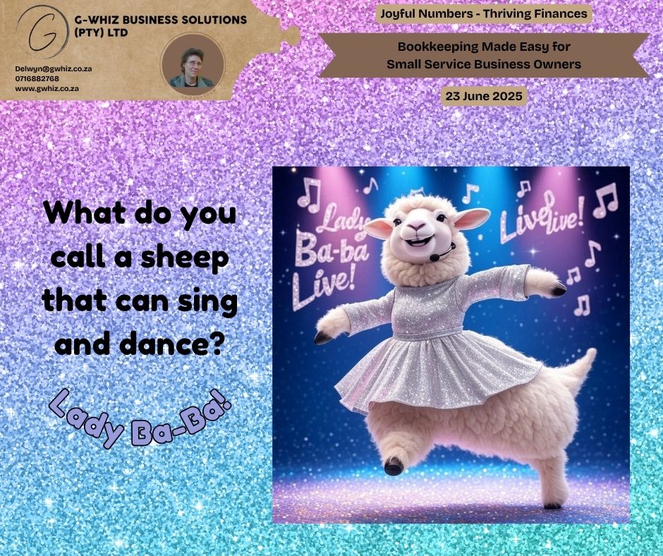𝑾𝒉𝒂𝒕 𝒅𝒐 𝒚𝒐𝒖 𝒄𝒂𝒍𝒍 𝒂 𝒔𝒉𝒆𝒆𝒑🐑 𝒕𝒉𝒂𝒕 𝒄𝒂𝒏 𝒔𝒊𝒏𝒈 🎤𝒂𝒏𝒅 𝒅𝒂𝒏𝒄𝒆? 𝑳𝒂𝒅𝒚 𝑩𝒂-𝒃𝒂.🪩 Imagine Lady Ba-ba strutting her stuff on stage, captivating the crowd with every move. 𝐍𝐨𝐰, 𝐩𝐢𝐜𝐭𝐮𝐫𝐞 𝐦𝐞 𝐛𝐫𝐢𝐧𝐠𝐢𝐧𝐠 𝐭𝐡𝐚𝐭 𝐬𝐚𝐦𝐞 𝐞𝐧𝐞𝐫𝐠𝐲 𝐭𝐨 𝐲𝐨𝐮𝐫 𝐬𝐦𝐚𝐥𝐥 𝐛𝐮𝐬𝐢𝐧𝐞𝐬𝐬 𝐟𝐢𝐧𝐚𝐧𝐜𝐞𝐬, turning the chaos of bookkeeping into a smooth, stress-free performance. As an emerging service business owner, you deserve a system that keeps your numbers in rhythm without stealing your spotlight. At 𝐆-𝐖𝐡𝐢𝐳 𝐁𝐮𝐬𝐢𝐧𝐞𝐬𝐬 𝐒𝐨𝐥𝐮𝐭𝐢𝐨𝐧𝐬, I take the hassle out of your daily bookkeeping by setting up 𝐐𝐮𝐢𝐜𝐤𝐁𝐨𝐨𝐤𝐬 𝐎𝐧𝐥𝐢𝐧𝐞—completely free, 𝐢𝐧𝐜𝐥𝐮𝐝𝐢𝐧𝐠 𝐚 𝐭𝐰𝐨-𝐦𝐨𝐧𝐭𝐡 𝐭𝐫𝐚𝐧𝐬𝐚𝐜𝐭𝐢𝐨𝐧 𝐡𝐢𝐬𝐭𝐨𝐫𝐲 to get you started on the right beat. My tailored approach ensures your financial records are audit-ready in three months, giving you clarity and confidence to focus on growing your business. 𝑾𝒊𝒕𝒉 𝒎𝒚 𝒆𝒙𝒄𝒍𝒖𝒔𝒊𝒗𝒆 𝑸𝒖𝒊𝒄𝒌𝑩𝒐𝒐𝒌𝒔 𝒅𝒊𝒔𝒄𝒐𝒖𝒏𝒕𝒔 𝒂𝒏𝒅 𝒉𝒂𝒏𝒅𝒔-𝒐𝒏 𝒔𝒖𝒑𝒑𝒐𝒓𝒕, 𝒚𝒐𝒖𝒓 𝒇𝒊𝒏𝒂𝒏𝒄𝒆𝒔 𝒘𝒊𝒍𝒍 𝒇𝒍𝒐𝒘 𝒂𝒔 𝒆𝒇𝒇𝒐𝒓𝒕𝒍𝒆𝒔𝒔𝒍𝒚 𝒂𝒔 𝑳𝒂𝒅𝒚 𝑩𝒂-𝒃𝒂’𝒔 𝒅𝒂𝒏𝒄𝒆 𝒎𝒐𝒗𝒆𝒔. 🔍 𝓓𝓪𝓲𝓵𝔂 𝓣𝓲𝓹: 𝒟𝒾𝒹 𝓎𝓸𝓊 𝓀𝓃𝓸𝓌 𝒬𝓊𝒾𝒸𝓀𝓑𝓸𝓸𝓀𝓈 𝒪𝓃𝓁𝒾𝓃𝓮 𝒶𝓁𝓁𝓸𝓌𝓈 𝓎𝓸𝓊 𝓉𝓸 𝒸𝓸𝓃𝓃𝓮𝒸𝓉 𝓎𝓸𝓊𝓇 𝒷𝒶𝓃𝓀 𝒶𝒸𝒸𝓸𝓊𝓃𝓉𝓈 𝒻𝓸𝓇 𝒶𝓊𝓉𝓸𝓂𝒶𝓉𝒾𝒸 𝓉𝓇𝒶𝓃𝓈𝒶𝒸𝓉𝒾𝓸𝓃 𝒾𝓂𝓅𝓸𝓇𝓉𝓈? 𝒯𝒽𝒾𝓈 𝓈𝒶𝓋𝓮𝓈 𝓉𝒾𝓂𝓮 𝒶𝓃𝒹 𝓇𝓮𝒹𝓊𝒸𝓮𝓈 𝓮𝓇𝓇𝓸𝓇𝓈, 𝓀𝓮𝓮𝓅𝒾𝓃𝓰 𝓎𝓸𝓊𝓇 𝒷𝓸𝓸𝓀𝓈 𝒶𝒸𝒸𝓊𝓇𝒶𝓉𝓮 𝓌𝒾𝓉𝒽 𝓂𝒾𝓃𝒾𝓂𝒶𝓁 𝓮𝒻𝒻𝓸𝓇𝓉. 𝒮𝓮𝓉 𝓊𝓅 𝒷𝒶𝓃𝓀 𝒻𝓮𝓮𝒹𝓈 𝓉𝓸𝒹𝒶𝓎 𝓉𝓸 𝓈𝓉𝓇𝓮𝒶𝓂𝓁𝒾𝓃𝓮 𝓎𝓸𝓊𝓇 𝒸𝒶𝓈𝒽 𝒻𝓁𝓸𝓌 𝓉𝓇𝒶𝒸𝓀𝒾𝓃𝓰! 𝑹𝒆𝒂𝒅𝒚 𝒕𝒐 𝒎𝒂𝒌𝒆 𝒚𝒐𝒖𝒓 𝒇𝒊𝒏𝒂𝒏𝒄𝒆𝒔 𝒔𝒊𝒏𝒈 𝒂𝒏𝒅 𝒅𝒂𝒏𝒄𝒆 𝒘𝒊𝒕𝒉 𝑳𝒂𝒅𝒚 𝑩𝒂-𝒃𝒂-𝒍𝒆𝒗𝒆𝒍 𝒇𝒍𝒂𝒊𝒓? Leave a comment or book a phone call or a Zoom meeting. Kind regards, 𝒟𝓮𝓁𝓌𝓎𝓃 G-Whiz Business Solutions (Pty) Ltd. 🌐www.gwhiz.co.za 📆https://calendly.com/delwyn-gwhiz “ᴊᴏyꜰᴜʟ ɴᴜᴍʙᴇʀꜱ – ᴛʜʀɪvɪɴɢ ꜰɪɴᴀɴcᴇꜱ” #SmallBusinessFinance #QuickBooksOnline #BookkeepingMadeEasy #SouthAfricaBusiness #FinancialClarity #GrowYourBusiness #BusinessTips #AccountingSolutions #EntrepreneurSupport #GWhizBusinessSolutions