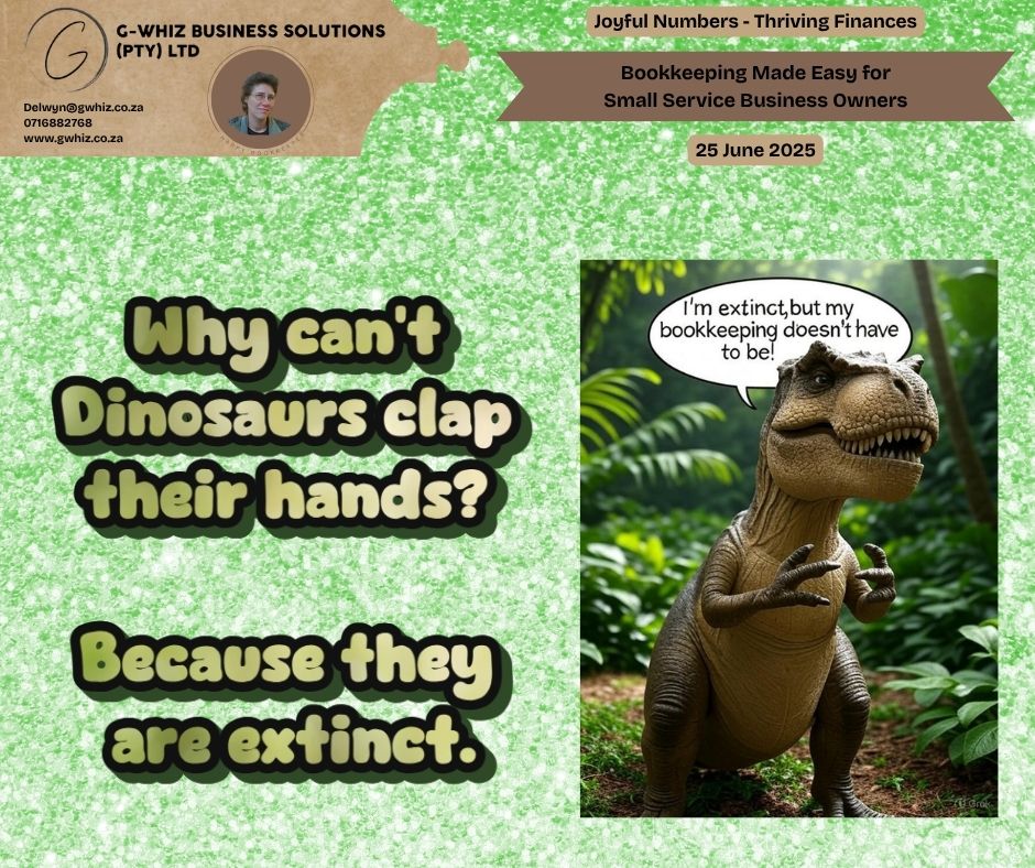 𝑾𝒉𝒚 𝒄𝒂𝒏'𝒕 🦖𝑫𝒊𝒏𝒐𝒔𝒂𝒖𝒓𝒔 𝒄𝒍𝒂𝒑🦕 𝒕𝒉𝒆𝒊𝒓 𝒉𝒂𝒏𝒅𝒔? 𝑩𝒆𝒄𝒂𝒖𝒔𝒆 𝒕𝒉𝒆𝒚 𝒂𝒓𝒆 𝒆𝒙𝒕𝒊𝒏𝒄𝒕.🕰 𝘜𝘯𝘭𝘪𝘬𝘦 𝘥𝘪𝘯𝘰𝘴𝘢𝘶𝘳𝘴, 𝘺𝘰𝘶𝘳 𝘴𝘮𝘢𝘭𝘭 𝘴𝘦𝘳𝘷𝘪𝘤𝘦 𝘣𝘶𝘴𝘪𝘯𝘦𝘴𝘴 𝘥𝘰𝘦𝘴𝘯’𝘵 𝘩𝘢𝘷𝘦 𝘵𝘰 𝘴𝘵𝘳𝘶𝘨𝘨𝘭𝘦 𝘸𝘪𝘵𝘩 𝘰𝘶𝘵𝘥𝘢𝘵𝘦𝘥 𝘣𝘰𝘰𝘬𝘬𝘦𝘦𝘱𝘪𝘯𝘨 𝘮𝘦𝘵𝘩𝘰𝘥𝘴 𝘵𝘩𝘢𝘵 𝘭𝘦𝘢𝘷𝘦 𝘺𝘰𝘶 𝘴𝘵𝘶𝘤𝘬 𝘪𝘯 𝘵𝘩𝘦 𝘱𝘢𝘴𝘵. I’m 𝐃𝐞𝐥𝐰𝐲𝐧 from 𝐆-𝐖𝐡𝐢𝐳 𝐁𝐮𝐬𝐢𝐧𝐞𝐬𝐬 𝐒𝐨𝐥𝐮𝐭𝐢𝐨𝐧𝐬, and I 𝐭𝐫𝐚𝐧𝐬𝐟𝐨𝐫𝐦 the hassle of 𝐟𝐢𝐧𝐚𝐧𝐜𝐢𝐚𝐥 𝐦𝐚𝐧𝐚𝐠𝐞𝐦𝐞𝐧𝐭 𝐢𝐧𝐭𝐨 𝐚 𝐬𝐞𝐚𝐦𝐥𝐞𝐬𝐬, 𝐬𝐭𝐫𝐞𝐬𝐬-𝐟𝐫𝐞𝐞 𝐩𝐫𝐨𝐜𝐞𝐬𝐬 for emerging business owners. By 𝐬𝐞𝐭𝐭𝐢𝐧𝐠 you up with 𝐐𝐮𝐢𝐜𝐤𝐁𝐨𝐨𝐤𝐬 𝐎𝐧𝐥𝐢𝐧𝐞—𝘤𝘰𝘮𝘱𝘭𝘦𝘵𝘦𝘭𝘺 𝘧𝘳𝘦𝘦, 𝘪𝘯𝘤𝘭𝘶𝘥𝘪𝘯𝘨 𝘢 𝘵𝘸𝘰-𝘮𝘰𝘯𝘵𝘩 𝘵𝘳𝘢𝘯𝘴𝘢𝘤𝘵𝘪𝘰𝘯 𝘩𝘪𝘴𝘵𝘰𝘳𝘺—I 𝐞𝐧𝐬𝐮𝐫𝐞 your books are 𝐨𝐫𝐠𝐚𝐧𝐢𝐳𝐞𝐝 𝐚𝐧𝐝 𝐚𝐮𝐝𝐢𝐭-𝐫𝐞𝐚𝐝𝐲 within three months. 𝐌𝐲 𝐡𝐚𝐧𝐝𝐬-𝐨𝐧 𝐚𝐩𝐩𝐫𝐨𝐚𝐜𝐡 𝐚𝐮𝐭𝐨𝐦𝐚𝐭𝐞𝐬 𝐲𝐨𝐮𝐫 𝐛𝐨𝐨𝐤𝐤𝐞𝐞𝐩𝐢𝐧𝐠, 𝐬𝐚𝐯𝐢𝐧𝐠 𝐲𝐨𝐮 𝐭𝐢𝐦𝐞 𝐚𝐧𝐝 𝐠𝐢𝐯𝐢𝐧𝐠 𝐲𝐨𝐮 𝐫𝐞𝐚𝐥-𝐭𝐢𝐦𝐞 𝐜𝐥𝐚𝐫𝐢𝐭𝐲 𝐭𝐨 𝐦𝐚𝐤𝐞 𝐜𝐨𝐧𝐟𝐢𝐝𝐞𝐧𝐭 𝐛𝐮𝐬𝐢𝐧𝐞𝐬𝐬 𝐝𝐞𝐜𝐢𝐬𝐢𝐨𝐧𝐬. Imagine focusing on growing your business while I handle the numbers with precision. 𝓓𝓪𝓲𝓵𝔂 𝓣𝓲𝓹: 𝒟𝒾𝒹 𝓎𝓸𝓊 𝓀𝓃𝓸𝓌 𝒬𝓊𝒾𝒸𝓀𝓑𝓸𝓸𝓀𝓈 𝒪𝓃𝓁𝒾𝓃𝓮 𝒶𝓁𝓁𝓸𝓌𝓈 𝓎𝓸𝓊 𝓉𝓸 𝒸𝓸𝓃𝓃𝓮𝒸𝓉 𝓎𝓸𝓊𝓇 𝒷𝒶𝓃𝓀 𝒶𝒸𝒸𝓸𝓊𝓃𝓉𝓈 𝒻𝓸𝓇 𝒶𝓊𝓉𝓸𝓂𝒶𝓉𝒾𝒸 𝓉𝓇𝒶𝓃𝓈𝒶𝒸𝓉𝒾𝓸𝓃 𝒾𝓂𝓅𝓸𝓇𝓉𝓈? 𝒯𝒽𝒾𝓈 𝒻𝓮𝒶𝓉𝓊𝓇𝓮 𝓇𝓮𝒹𝓊𝒸𝓮𝓈 𝓂𝒶𝓃𝓊𝒶𝓁 𝓮𝓃𝓉𝓇𝓎 𝓮𝓇𝓇𝓸𝓇𝓈 𝒶𝓃𝒹 𝓈𝒶𝓋𝓮𝓈 𝒽𝓸𝓊𝓇𝓈 𝓮𝒶𝒸𝒽 𝓂𝓸𝓃𝓉𝒽, 𝓀𝓮𝓮𝓅𝒾𝓃𝓰 𝓎𝓸𝓊𝓇 𝒻𝒾𝓃𝒶𝓃𝒸𝓮𝓈 𝓊𝓅-𝓉𝓸-𝒹𝒶𝓉𝓮 𝓮𝒻𝒻𝓸𝓇𝓉𝓁𝓮𝓈𝓈𝓁𝓎. 𝐃𝐨𝐧’𝐭 𝐥𝐞𝐭 𝐲𝐨𝐮𝐫 𝐟𝐢𝐧𝐚𝐧𝐜𝐞𝐬 𝐠𝐨 𝐞𝐱𝐭𝐢𝐧𝐜𝐭—𝐜𝐥𝐚𝐩 𝐲𝐨𝐮𝐫 𝐡𝐚𝐧𝐝𝐬 𝐟𝐨𝐫 𝐚 𝐬𝐦𝐚𝐫𝐭𝐞𝐫 𝐛𝐨𝐨𝐤𝐤𝐞𝐞𝐩𝐢𝐧𝐠 𝐬𝐨𝐥𝐮𝐭𝐢𝐨𝐧! Leave a comment or book a phone call ( https://calendly.com/delwyn-gwhiz/15-min-phone-call) or a Zoom meeting (https://calendly.com/delwyn-gwhiz/30min). Kind regards, 𝒟𝓮𝓁𝓌𝓎𝓃 G-Whiz Business Solutions (Pty) Ltd. 🌐www.gwhiz.co.za 📆https://calendly.com/delwyn-gwhiz “ᴊᴏyꜰᴜʟ ɴᴜᴍʙᴇʀꜱ – ᴛʜʀɪvɪɴɢ ꜰɪɴᴀɴcᴇꜱ” #SmallBusinessFinance #QuickBooksOnline #BookkeepingSolutions #SouthAfricaBusiness #FinancialClarity #BusinessGrowth #AuditReady #EntrepreneurSupport #GWhizBusinessSolutions #SmartBookkeeping