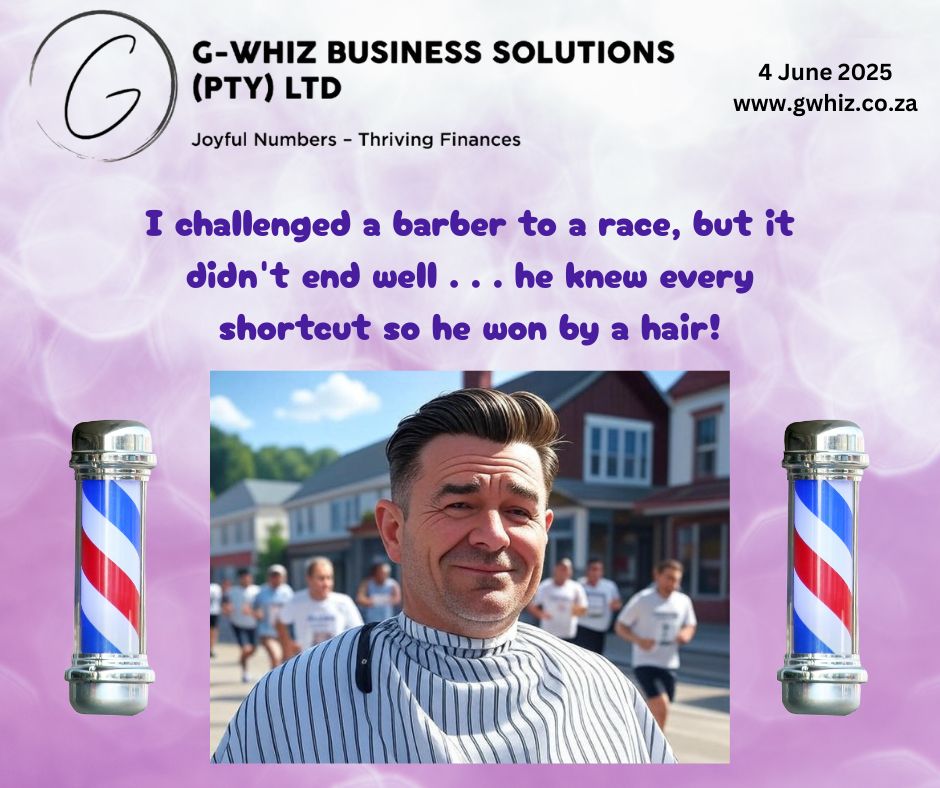 𝑰 𝒄𝒉𝒂𝒍𝒍𝒆𝒏𝒈𝒆𝒅 𝒂 💈𝒃𝒂𝒓𝒃𝒆𝒓 𝒕𝒐 𝒂 🏃🏃‍♂️𝒓𝒂𝒄𝒆, 𝒃𝒖𝒕 𝒊𝒕 𝒅𝒊𝒅𝒏'𝒕 𝒆𝒏𝒅 𝒘𝒆𝒍𝒍 . . . 𝒉𝒆 𝒌𝒏𝒆𝒘 𝒆𝒗𝒆𝒓𝒚 ✂𝒔𝒉𝒐𝒓𝒕𝒄𝒖𝒕 𝒔𝒐 𝒉𝒆 𝒘𝒐𝒏 🏁𝒃𝒚 𝒂 𝒉𝒂𝒊𝒓! When it comes to your business finances, are you still running the long way around? 𝐈 𝐡𝐞𝐥𝐩 𝐞𝐦𝐞𝐫𝐠𝐢𝐧𝐠 𝐬𝐦𝐚𝐥𝐥 𝐬𝐞𝐫𝐯𝐢𝐜𝐞 𝐛𝐮𝐬𝐢𝐧𝐞𝐬𝐬 𝐨𝐰𝐧𝐞𝐫𝐬 𝐭𝐚𝐤𝐞 𝐭𝐡𝐞 𝐬𝐡𝐨𝐫𝐭𝐜𝐮𝐭𝐬 𝐭𝐡𝐚𝐭 𝐚𝐜𝐭𝐮𝐚𝐥𝐥𝐲 𝐰𝐨𝐫𝐤—no gimmicks, no confusing spreadsheets. With 𝐆-𝐖𝐡𝐢𝐳 𝐁𝐮𝐬𝐢𝐧𝐞𝐬𝐬 𝐒𝐨𝐥𝐮𝐭𝐢𝐨𝐧𝐬, I set you up on 𝐐𝐮𝐢𝐜𝐤𝐁𝐨𝐨𝐤𝐬 𝐎𝐧𝐥𝐢𝐧𝐞 so you can stop chasing numbers and start managing your money with confidence. ✅ 𝘌𝘯𝘫𝘰𝘺 𝘱𝘦𝘢𝘤𝘦 𝘰𝘧 𝘮𝘪𝘯𝘥 𝘬𝘯𝘰𝘸𝘪𝘯𝘨 𝘺𝘰𝘶𝘳 𝘣𝘰𝘰𝘬𝘴 𝘢𝘳𝘦 𝘢𝘶𝘥𝘪𝘵-𝘳𝘦𝘢𝘥𝘺. ✅ 𝘎𝘦𝘵 𝘱𝘦𝘳𝘴𝘰𝘯𝘢𝘭𝘪𝘴𝘦𝘥 𝘴𝘶𝘱𝘱𝘰𝘳𝘵 𝘧𝘳𝘰𝘮 𝘴𝘰𝘮𝘦𝘰𝘯𝘦 𝘸𝘩𝘰 𝘶𝘯𝘥𝘦𝘳𝘴𝘵𝘢𝘯𝘥𝘴 𝘵𝘩𝘦 𝘚𝘰𝘶𝘵𝘩 𝘈𝘧𝘳𝘪𝘤𝘢𝘯 𝘴𝘮𝘢𝘭𝘭 𝘣𝘶𝘴𝘪𝘯𝘦𝘴𝘴 𝘩𝘶𝘴𝘵𝘭𝘦. 💡 𝓓𝓪𝓲𝓵𝔂 𝓣𝓲𝓹: 𝓘𝓃 𝒬𝓊𝒾𝒸𝓀𝓑𝓸𝓸𝓀𝓈 𝒪𝓃𝓁𝒾𝓃𝓮 𝒮𝓸𝓊𝓉𝒽 𝒜𝒻𝓇𝒾𝒸𝒶, 𝓊𝓈𝒾𝓃𝓰 𝒷𝒶𝓃𝓀 𝓇𝓊𝓁𝓮𝓈 𝒸𝒶𝓃 𝓈𝒶𝓋𝓮 𝒽𝓸𝓊𝓇𝓈 𝓮𝒶𝒸𝒽 𝓂𝓸𝓃𝓉𝒽 𝒷𝓎 𝒶𝓊𝓉𝓸𝓂𝒶𝓉𝒾𝓃𝓰 𝓇𝓮𝒸𝓊𝓇𝓇𝒾𝓃𝓰 𝓉𝓇𝒶𝓃𝓈𝒶𝒸𝓉𝒾𝓸𝓃𝓈—𝓮𝓈𝓅𝓮𝒸𝒾𝒶𝓁𝓁𝓎 𝒽𝒶𝓃𝒹𝓎 𝒾𝒻 𝓎𝓸𝓊 𝓈𝓮𝓁𝓁 𝓉𝒽𝓮 𝓈𝒶𝓂𝓮 𝓈𝓮𝓇𝓋𝒾𝒸𝓮𝓈 𝓇𝓮𝓰𝓊𝓁𝒶𝓇𝓁𝓎. 𝑹𝒆𝒂𝒅𝒚 𝒕𝒐 𝒔𝒕𝒐𝒑 𝒓𝒂𝒄𝒊𝒏𝒈 𝒊𝒏 𝒄𝒊𝒓𝒄𝒍𝒆𝒔? 𝑰 𝒑𝒓𝒐𝒎𝒊𝒔𝒆 𝒏𝒐𝒕 𝒕𝒐 𝒄𝒖𝒕 𝒄𝒐𝒓𝒏𝒆𝒓𝒔—𝒖𝒏𝒍𝒆𝒔𝒔 𝒘𝒆'𝒓𝒆 𝒕𝒂𝒍𝒌𝒊𝒏𝒈 𝒃𝒐𝒐𝒌𝒌𝒆𝒆𝒑𝒊𝒏𝒈 𝒔𝒉𝒐𝒓𝒕𝒄𝒖𝒕𝒔 𝒕𝒉𝒂𝒕 𝒂𝒄𝒕𝒖𝒂𝒍𝒍𝒚 𝒘𝒐𝒓𝒌! Leave a comment or book a phone call ( https://calendly.com/delwyn-gwhiz/15-min-phone-call ) or a Zoom meeting ( https://calendly.com/delwyn-gwhiz/30min ). Kind regards, 𝒟𝓮𝓁𝓌𝓎𝓃 G-Whiz Business Solutions (Pty) Ltd. 🌐www.gwhiz.co.za 📆https://calendly.com/delwyn-gwhiz “ᴊᴏyꜰᴜʟ ɴᴜᴍʙᴇʀꜱ – ᴛʜʀɪvɪɴɢ ꜰɪɴᴀɴcᴇꜱ” #QuickBooksSouthAfrica #BookkeepingSimplified #SmallBusinessFinance #ServiceBusinessSupport #FinancialPeace #SmartBookkeeping #QBOExperts #SouthAfricanEntrepreneurs #VirtualBookkeeper #TimeSavingTips