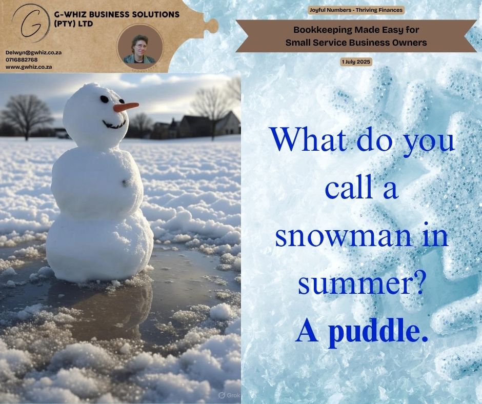 𝑾𝒉𝒂𝒕 𝒅𝒐 𝒚𝒐𝒖 𝒄𝒂𝒍𝒍 𝒂 ⛄𝒔𝒏𝒐𝒘𝒎𝒂𝒏 𝒊𝒏 𝒔𝒖𝒎𝒎𝒆𝒓?☀ 𝑨 𝒑𝒖𝒅𝒅𝒍𝒆.💦 A 𝐬𝐧𝐨𝐰𝐦𝐚𝐧 𝐦𝐞𝐥𝐭𝐬 into a puddle when the 𝐡𝐞𝐚𝐭 is on, and 𝐫𝐮𝐧𝐧𝐢𝐧𝐠 𝐚 𝐬𝐦𝐚𝐥𝐥 𝐛𝐮𝐬𝐢𝐧𝐞𝐬𝐬 𝐜𝐚𝐧 𝐟𝐞𝐞𝐥 𝐭𝐡𝐞 𝐬𝐚𝐦𝐞—𝘰𝘷𝘦𝘳𝘸𝘩𝘦𝘭𝘮𝘪𝘯𝘨 𝘢𝘯𝘥 𝘮𝘦𝘴𝘴𝘺 𝘸𝘪𝘵𝘩𝘰𝘶𝘵 𝘵𝘩𝘦 𝘳𝘪𝘨𝘩𝘵 𝘴𝘺𝘴𝘵𝘦𝘮𝘴. I help 𝐞𝐦𝐞𝐫𝐠𝐢𝐧𝐠 𝐬𝐞𝐫𝐯𝐢𝐜𝐞 𝐛𝐮𝐬𝐢𝐧𝐞𝐬𝐬 𝐨𝐰𝐧𝐞𝐫𝐬, transform 𝐟𝐢𝐧𝐚𝐧𝐜𝐢𝐚𝐥 𝐜𝐡𝐚𝐨𝐬 𝐢𝐧𝐭𝐨 𝐜𝐥𝐚𝐫𝐢𝐭𝐲. With 𝑮-𝑾𝒉𝒊𝒛 𝑩𝒖𝒔𝒊𝒏𝒆𝒔𝒔 𝑺𝒐𝒍𝒖𝒕𝒊𝒐𝒏𝒔, I offer 𝐭𝐚𝐢𝐥𝐨𝐫𝐞𝐝 𝐛𝐨𝐨𝐤𝐤𝐞𝐞𝐩𝐢𝐧𝐠 that saves you time and provides 𝐚𝐟𝐟𝐨𝐫𝐝𝐚𝐛𝐥𝐞, 𝐚𝐜𝐜𝐮𝐫𝐚𝐭𝐞 𝐟𝐢𝐧𝐚𝐧𝐜𝐢𝐚𝐥 𝐢𝐧𝐬𝐢𝐠𝐡𝐭𝐬 to 𝐠𝐫𝐨𝐰 𝐲𝐨𝐮𝐫 𝐛𝐮𝐬𝐢𝐧𝐞𝐬𝐬 𝐰𝐢𝐭𝐡 𝐜𝐨𝐧𝐟𝐢𝐝𝐞𝐧𝐜𝐞. 𝘗𝘭𝘶𝘴, 𝘐 𝘪𝘯𝘤𝘭𝘶𝘥𝘦 𝘧𝘳𝘦𝘦 𝘘𝘶𝘪𝘤𝘬𝘉𝘰𝘰𝘬𝘴 𝘖𝘯𝘭𝘪𝘯𝘦 𝘴𝘦𝘵𝘶𝘱 𝘸𝘪𝘵𝘩 𝘢 2-𝘮𝘰𝘯𝘵𝘩 𝘵𝘳𝘢𝘯𝘴𝘢𝘤𝘵𝘪𝘰𝘯 𝘩𝘪𝘴𝘵𝘰𝘳𝘺 𝘵𝘰 𝘨𝘦𝘵 𝘺𝘰𝘶 𝘰𝘯 𝘵𝘩𝘦 𝘳𝘪𝘨𝘩𝘵 𝘵𝘳𝘢𝘤𝘬 𝘧𝘳𝘰𝘮 𝘥𝘢𝘺 𝘰𝘯𝘦. 𝓓𝓪𝓲𝓵𝔂 𝓣𝓲𝓹: 𝒟𝒾𝒹 𝓎𝓸𝓊 𝓀𝓃𝓸𝓌 𝒬𝓊𝒾𝒸𝓀𝓑𝓸𝓸𝓀𝓈 𝒪𝓃𝓁𝒾𝓃𝓮 𝒶𝓁𝓁𝓸𝓌𝓈 𝓎𝓸𝓊 𝓉𝓸 𝒶𝓊𝓉𝓸𝓂𝒶𝓉𝓮 𝒾𝓃𝓋𝓸𝒾𝒸𝓮 𝓇𝓮𝓂𝒾𝓃𝒹𝓮𝓇𝓈? 𝒮𝓮𝓉 𝒾𝓉 𝓊𝓅 𝓉𝓸 𝓈𝓮𝓃𝒹 𝓅𝓸𝓁𝒾𝓉𝓮 𝓃𝓊𝒹𝓰𝓮𝓈 𝓉𝓸 𝒸𝓁𝒾𝓮𝓃𝓉𝓈, 𝓮𝓃𝓈𝓊𝓇𝒾𝓃𝓰 𝒻𝒶𝓈𝓉𝓮𝓇 𝓅𝒶𝓎𝓂𝓮𝓃𝓉𝓈 𝒶𝓃𝒹 𝒷𝓮𝓉𝓉𝓮𝓇 𝒸𝒶𝓈𝒽 𝒻𝓁𝓸𝓌 𝒻𝓸𝓇 𝓎𝓸𝓊𝓇 𝓈𝓂𝒶𝓁𝓁 𝒷𝓊𝓈𝒾𝓃𝓮𝓈𝓈. 𝑫𝒐𝒏’𝒕 𝒍𝒆𝒕 𝒚𝒐𝒖𝒓 𝒇𝒊𝒏𝒂𝒏𝒄𝒆𝒔 𝒎𝒆𝒍𝒕 𝒊𝒏𝒕𝒐 𝒂 𝒑𝒖𝒅𝒅𝒍𝒆—𝒓𝒆𝒂𝒄𝒉 𝒐𝒖𝒕 𝒕𝒐 𝒎𝒆 𝒕𝒐 𝒌𝒆𝒆𝒑 𝒚𝒐𝒖𝒓 𝒏𝒖𝒎𝒃𝒆𝒓𝒔 𝒄𝒐𝒐𝒍 𝒂𝒏𝒅 𝒄𝒍𝒆𝒂𝒓! Leave a comment or book a phone call (https://calendly.com/delwyn-gwhiz/15-min-phone-call) or a Zoom meeting (https://calendly.com/delwyn-gwhiz/30min). Kind regards, 𝒟𝓮𝓁𝓌𝓎𝓃 G-Whiz Business Solutions (Pty) Ltd. 🌐www.gwhiz.co.za 📆https://calendly.com/delwyn-gwhiz ᴊᴏyꜰᴜʟ ɴᴜᴍʙᴇʀꜱ – ᴛʜʀɪvɪɴɢ ꜰɪɴᴀɴcᴇꜱ #SmallBusiness #BusinessGrowth #Bookkeeping #QuickBooksOnline #FinancialClarity #Entrepreneur #SmallBusinessTips #AccountingSolutions #BusinessSuccess #GWhizBusinessSolutions