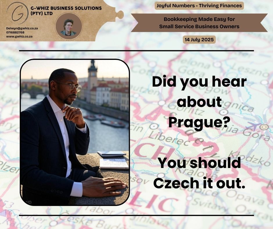 𝑫𝒊𝒅 𝒚𝒐𝒖 𝒉𝒆𝒂𝒓 𝒂𝒃𝒐𝒖𝒕 𝑷𝒓𝒂𝒈𝒖𝒆? 𝒀𝒐𝒖 𝒔𝒉𝒐𝒖𝒍𝒅 𝑪𝒛𝒆𝒄𝒉 𝒊𝒕 𝒐𝒖𝒕. Prague’s vibrant streets inspire adventure, and I’m here to spark clarity for South African small service business owners navigating their finances. Curious about a bookkeeping system that grows with your business? At 𝐆-𝐖𝐡𝐢𝐳 𝐁𝐮𝐬𝐢𝐧𝐞𝐬𝐬 𝐒𝐨𝐥𝐮𝐭𝐢𝐨𝐧𝐬, I provide 𝐭𝐚𝐢𝐥𝐨𝐫𝐞𝐝 𝐟𝐢𝐧𝐚𝐧𝐜𝐢𝐚𝐥 𝐬𝐭𝐫𝐚𝐭𝐞𝐠𝐢𝐞𝐬 and 𝐬𝐞𝐚𝐦𝐥𝐞𝐬𝐬 𝐐𝐮𝐢𝐜𝐤𝐁𝐨𝐨𝐤𝐬 𝐎𝐧𝐥𝐢𝐧𝐞 𝐞𝐱𝐩𝐞𝐫𝐭𝐢𝐬𝐞, including 𝐟𝐫𝐞𝐞 𝐐𝐮𝐢𝐜𝐤𝐁𝐨𝐨𝐤𝐬 𝐎𝐧𝐥𝐢𝐧𝐞 𝐬𝐞𝐭𝐮𝐩 with a 2-month transaction history. This means you can focus on scaling your business while I keep your numbers in check. 𝑫𝒂𝒊𝒍𝒚 𝑻𝒊𝒑: 𝘘𝘶𝘪𝘤𝘬𝘉𝘰𝘰𝘬𝘴 𝘖𝘯𝘭𝘪𝘯𝘦 𝘭𝘦𝘵𝘴 𝘺𝘰𝘶 𝘨𝘦𝘯𝘦𝘳𝘢𝘵𝘦 𝘳𝘦𝘢𝘭-𝘵𝘪𝘮𝘦 𝘱𝘳𝘰𝘧𝘪𝘵 𝘢𝘯𝘥 𝘭𝘰𝘴𝘴 𝘳𝘦𝘱𝘰𝘳𝘵𝘴 𝘵𝘰 𝘵𝘳𝘢𝘤𝘬 𝘺𝘰𝘶𝘳 𝘣𝘶𝘴𝘪𝘯𝘦𝘴𝘴’𝘴 𝘧𝘪𝘯𝘢𝘯𝘤𝘪𝘢𝘭 𝘩𝘦𝘢𝘭𝘵𝘩 𝘪𝘯𝘴𝘵𝘢𝘯𝘵𝘭𝘺. 𝘚𝘦𝘵 𝘶𝘱 𝘤𝘶𝘴𝘵𝘰𝘮 𝘤𝘢𝘵𝘦𝘨𝘰𝘳𝘪𝘦𝘴 𝘵𝘰 𝘮𝘰𝘯𝘪𝘵𝘰𝘳 𝘴𝘱𝘦𝘤𝘪𝘧𝘪𝘤 𝘦𝘹𝘱𝘦𝘯𝘴𝘦𝘴, 𝘩𝘦𝘭𝘱𝘪𝘯𝘨 𝘺𝘰𝘶 𝘮𝘢𝘬𝘦 𝘴𝘮𝘢𝘳𝘵𝘦𝘳 𝘥𝘦𝘤𝘪𝘴𝘪𝘰𝘯𝘴 𝘪𝘯 2025. 𝑹𝒆𝒂𝒅𝒚 𝒕𝒐 𝑪𝒛𝒆𝒄𝒉 𝒚𝒐𝒖𝒓 𝒃𝒖𝒔𝒊𝒏𝒆𝒔𝒔’𝒔 𝒇𝒊𝒏𝒂𝒏𝒄𝒊𝒂𝒍 𝒑𝒐𝒕𝒆𝒏𝒕𝒊𝒂𝒍? 𝑪𝒐𝒏𝒏𝒆𝒄𝒕 𝒘𝒊𝒕𝒉 𝒎𝒆 𝒕𝒐 𝒔𝒊𝒎𝒑𝒍𝒊𝒇𝒚 𝒚𝒐𝒖𝒓 𝒃𝒐𝒐𝒌𝒔! Leave a comment or book a phone call(https://calendly.com/delwyn-gwhiz/15-min-phone-call) or a Zoom meeting (https://calendly.com/delwyn-gwhiz/30min). Kind regards, 𝒟𝓮𝓁𝓌𝓎𝓃 QuickBooks Pro Advisor G-Whiz Business Solutions (Pty) Ltd. 🌐www.gwhiz.co.za 📆https://calendly.com/delwyn-gwhiz ᴊᴏyꜰᴜʟ ɴᴜᴍʙᴇʀꜱ – ᴛʜʀɪvɪɴɢ ꜰɪɴᴀɴcᴇꜱ #SmallBusiness #Bookkeeping #QuickBooks #SouthAfricaBusiness #FinancialClarity #BusinessOwner #EntrepreneurSA #AccountingSolutions #ProfitTracking #GWhizBusinessSolutions