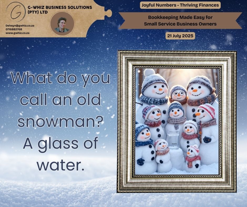 𝑾𝒉𝒂𝒕 𝒅𝒐 𝒚𝒐𝒖 𝒄𝒂𝒍𝒍 𝒂𝒏 𝒐𝒍𝒅 ⛄𝒔𝒏𝒐𝒘𝒎𝒂𝒏? 𝑨 𝒈𝒍𝒂𝒔𝒔 𝒐𝒇 𝒘𝒂𝒕𝒆𝒓.🫗 When a snowman melts, it’s no longer what it used to be—but it’s still valuable! The same goes for your small business finances. I understand how overwhelming bookkeeping can be for South African emerging service business owners. 𝐓𝐡𝐚𝐭’𝐬 𝐰𝐡𝐲 𝐈’𝐦 𝐡𝐞𝐫𝐞 𝐭𝐨 𝐬𝐢𝐦𝐩𝐥𝐢𝐟𝐲 𝐲𝐨𝐮𝐫 𝐟𝐢𝐧𝐚𝐧𝐜𝐢𝐚𝐥 𝐣𝐨𝐮𝐫𝐧𝐞𝐲 𝐰𝐢𝐭𝐡 𝐆-𝐖𝐡𝐢𝐳 𝐁𝐮𝐬𝐢𝐧𝐞𝐬𝐬 𝐒𝐨𝐥𝐮𝐭𝐢𝐨𝐧𝐬. I offer personalised financial systems that save you time and provide clarity, so you can focus on growing your business. With my services, you’ll get 𝐟𝐫𝐞𝐞 𝐐𝐮𝐢𝐜𝐤𝐁𝐨𝐨𝐤𝐬 𝐎𝐧𝐥𝐢𝐧𝐞 𝐬𝐞𝐭𝐮𝐩 𝐰𝐢𝐭𝐡 𝐭𝐰𝐨 𝐦𝐨𝐧𝐭𝐡𝐬 𝐨𝐟 𝐭𝐫𝐚𝐧𝐬𝐚𝐜𝐭𝐢𝐨𝐧 𝐡𝐢𝐬𝐭𝐨𝐫𝐲, ensuring your books are accurate and easy to manage from day one. 𝑫𝒂𝒊𝒍𝒚 𝑻𝒊𝒑: 𝘘𝘶𝘪𝘤𝘬𝘉𝘰𝘰𝘬𝘴 𝘖𝘯𝘭𝘪𝘯𝘦’𝘴 𝘥𝘢𝘴𝘩𝘣𝘰𝘢𝘳𝘥 𝘨𝘪𝘷𝘦𝘴 𝘺𝘰𝘶 𝘢 𝘳𝘦𝘢𝘭-𝘵𝘪𝘮𝘦 𝘴𝘯𝘢𝘱𝘴𝘩𝘰𝘵 𝘰𝘧 𝘺𝘰𝘶𝘳 𝘤𝘢𝘴𝘩 𝘧𝘭𝘰𝘸, 𝘩𝘦𝘭𝘱𝘪𝘯𝘨 𝘺𝘰𝘶 𝘮𝘢𝘬𝘦 𝘴𝘮𝘢𝘳𝘵𝘦𝘳 𝘥𝘦𝘤𝘪𝘴𝘪𝘰𝘯𝘴 𝘸𝘪𝘵𝘩𝘰𝘶𝘵 𝘥𝘪𝘨𝘨𝘪𝘯𝘨 𝘵𝘩𝘳𝘰𝘶𝘨𝘩 𝘴𝘱𝘳𝘦𝘢𝘥𝘴𝘩𝘦𝘦𝘵𝘴! Don’t let your finances melt away into confusion. Let me help you keep things crystal clear, like a glass of water! Leave a comment or book a phone call ( https://calendly.com/delwyn-gwhiz/15-min-phone-call) or a Zoom meeting (https://calendly.com/delwyn-gwhiz/30min). Kind regards, 𝒟𝓮𝓁𝓌𝓎𝓃 QuickBooks Pro Advisor G-Whiz Business Solutions (Pty) Ltd. 🌐www.gwhiz.co.za 📆https://calendly.com/delwyn-gwhiz “ᴊᴏyꜰᴜʟ ɴᴜᴍʙᴇʀꜱ – ᴛʜʀɪvɪɴɢ ꜰɪɴᴀɴcᴇꜱ”