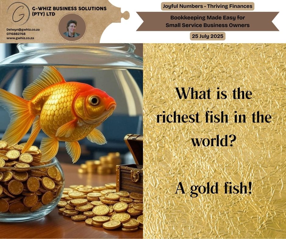 🪙𝑾𝒉𝒂𝒕 𝒊𝒔 𝒕𝒉𝒆 𝒓𝒊𝒄𝒉𝒆𝒔𝒕 𝒇𝒊𝒔𝒉🐠🐡🐟 𝒊𝒏 𝒕𝒉𝒆 𝒘𝒐𝒓𝒍𝒅? 𝑨 𝒈𝒐𝒍𝒅 𝒇𝒊𝒔𝒉!🔮 A gold fish swims in a bowl of wealth, but for South African 𝐬𝐦𝐚𝐥𝐥 𝐬𝐞𝐫𝐯𝐢𝐜𝐞 𝐛𝐮𝐬𝐢𝐧𝐞𝐬𝐬 owners, true riches come from clear, stress-free finances. I’m 𝐃𝐞𝐥𝐰𝐲𝐧 𝐟𝐫𝐨𝐦 𝐆-𝐖𝐡𝐢𝐳 𝐁𝐮𝐬𝐢𝐧𝐞𝐬𝐬 𝐒𝐨𝐥𝐮𝐭𝐢𝐨𝐧𝐬, and I help emerging entrepreneurs turn financial chaos into clarity. With my hands-on support, I set up your bookkeeping with 𝐐𝐮𝐢𝐜𝐤𝐁𝐨𝐨𝐤𝐬 𝐎𝐧𝐥𝐢𝐧𝐞, including 𝐟𝐫𝐞𝐞 𝐬𝐞𝐭𝐮𝐩 𝐰𝐢𝐭𝐡 𝐚 2-𝐦𝐨𝐧𝐭𝐡 𝐭𝐫𝐚𝐧𝐬𝐚𝐜𝐭𝐢𝐨𝐧 𝐡𝐢𝐬𝐭𝐨𝐫𝐲, so your records are accurate and audit-ready in no time. My tailored approach saves you hours of frustration, letting you focus on growing your business with confidence. 𝑫𝒂𝒊𝒍𝒚 𝑻𝒊𝒑: 𝘋𝘪𝘥 𝘺𝘰𝘶 𝘬𝘯𝘰𝘸 𝘵𝘩𝘢𝘵 𝘤𝘢𝘵𝘦𝘨𝘰𝘳𝘪𝘻𝘪𝘯𝘨 𝘦𝘹𝘱𝘦𝘯𝘴𝘦𝘴 𝘤𝘰𝘳𝘳𝘦𝘤𝘵𝘭𝘺 𝘪𝘯 𝘘𝘶𝘪𝘤𝘬𝘉𝘰𝘰𝘬𝘴 𝘖𝘯𝘭𝘪𝘯𝘦 𝘤𝘢𝘯 𝘩𝘦𝘭𝘱 𝘺𝘰𝘶 𝘪𝘥𝘦𝘯𝘵𝘪𝘧𝘺 𝘵𝘢𝘹-𝘥𝘦𝘥𝘶𝘤𝘵𝘪𝘣𝘭𝘦 𝘤𝘰𝘴𝘵𝘴? 𝘙𝘦𝘨𝘶𝘭𝘢𝘳𝘭𝘺 𝘳𝘦𝘷𝘪𝘦𝘸𝘪𝘯𝘨 𝘺𝘰𝘶𝘳 𝘦𝘹𝘱𝘦𝘯𝘴𝘦 𝘤𝘢𝘵𝘦𝘨𝘰𝘳𝘪𝘦𝘴 𝘦𝘯𝘴𝘶𝘳𝘦𝘴 𝘺𝘰𝘶 𝘮𝘢𝘹𝘪𝘮𝘪𝘻𝘦 𝘥𝘦𝘥𝘶𝘤𝘵𝘪𝘰𝘯𝘴 𝘢𝘯𝘥 𝘬𝘦𝘦𝘱 𝘮𝘰𝘳𝘦 𝘰𝘧 𝘺𝘰𝘶𝘳 𝘩𝘢𝘳𝘥-𝘦𝘢𝘳𝘯𝘦𝘥 𝘮𝘰𝘯𝘦𝘺. 𝑾𝒂𝒏𝒕 𝒕𝒐 𝒔𝒘𝒊𝒎 𝒊𝒏 𝒇𝒊𝒏𝒂𝒏𝒄𝒊𝒂𝒍 𝒄𝒍𝒂𝒓𝒊𝒕𝒚 𝒂𝒔 𝒆𝒇𝒇𝒐𝒓𝒕𝒍𝒆𝒔𝒔𝒍𝒚 𝒂𝒔 𝒂 𝒈𝒐𝒍𝒅 𝒇𝒊𝒔𝒉? Leave a comment or book a phone call (https://calendly.com/delwyn-gwhiz/15-min-phone-call) or a Zoom meeting (https://calendly.com/delwyn-gwhiz/30min). Kind regards, 𝒟𝓮𝓁𝓌𝓎𝓃 QuickBooks Pro Advisor G-Whiz Business Solutions (Pty) Ltd. 🌐www.gwhiz.co.za 📆https://calendly.com/delwyn-gwhiz ᴊᴏyꜰᴜʟ ɴᴜᴍʙᴇʀꜱ – ᴛʜʀɪvɪɴɢ ꜰɪɴᴀɴcᴇꜱ #SmallBusiness #Bookkeeping #QuickBooksOnline #FinancialClarity #SouthAfricanBusiness #Entrepreneurship #BusinessGrowth #AccountingSolutions #SmallBusinessFinance #GWhizBusinessSolutions