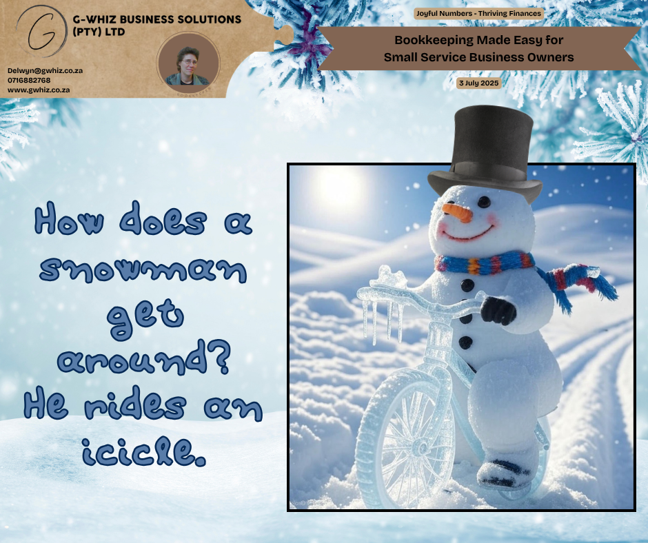 How does a snowman get around? He rides an icicle.

Pedaling through your business finances should feel as smooth as a snowman on his icy bicycle! As a South African small service business owner, you’re working hard to grow your brand. I’m here to simplify your bookkeeping with a system tailored to your unique needs. At G-Whiz Business Solutions, I provide hands-on, personalized accounting support to save you time and reduce stress. Plus, I offer free QuickBooks Online setup with a 2-month transaction history to get your finances rolling effortlessly.

Daily Tip: Did you know QuickBooks Online (South Africa) allows you to track VAT effortlessly? Set up your VAT rates in the Tax Centre to automate calculations and stay compliant with SARS—saving you hours during tax season!

Ready to ride into stress-free finances? Leave a comment or book a phone call (https://calendly.com/delwyn-gwhiz/15-min-phone-call) or a Zoom meeting (https://calendly.com/delwyn-gwhiz/30min).

Kind regards,

𝒟𝓮𝓁𝓌𝓎𝓃

QuickBooks Pro Advisor

G-Whiz Business Solutions (Pty) Ltd.

🌐www.gwhiz.co.za

📆https://calendly.com/delwyn-gwhiz

ᴊᴏyꜰᴜʟ ɴᴜᴍʙᴇʀꜱ – ᴛʜʀɪvɪɴɢ ꜰɪɴᴀɴcᴇꜱ

#SmallBusiness #SouthAfricaBusiness #Bookkeeping #QuickBooksOnline #Entrepreneurship #BusinessGrowth #FinancialFreedom #SME #AccountingSolutions #VATCompliance