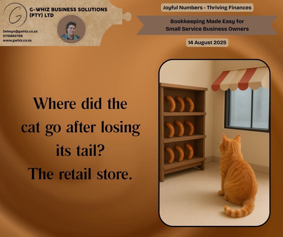 🐱 𝑾𝒉𝒆𝒓𝒆 𝒅𝒊𝒅 𝒕𝒉𝒆 𝒄𝒂𝒕 𝒈𝒐 𝒂𝒇𝒕𝒆𝒓 𝒍𝒐𝒔𝒊𝒏𝒈 𝒊𝒕𝒔 𝒕𝒂𝒊𝒍? 𝑻𝒉𝒆 𝒓𝒆𝒕𝒂𝒊𝒍 𝒔𝒕𝒐𝒓𝒆. Running your business without a clear view of your finances can feel a bit like that cat — 𝐦𝐢𝐬𝐬𝐢𝐧𝐠 𝐬𝐨𝐦𝐞𝐭𝐡𝐢𝐧𝐠 𝐞𝐬𝐬𝐞𝐧𝐭𝐢𝐚𝐥. I help small service business owners get their financial tails back so they can run with confidence. 🐾 𝐖𝐢𝐭𝐡 𝐆-𝐖𝐡𝐢𝐳 𝐁𝐮𝐬𝐢𝐧𝐞𝐬𝐬 𝐒𝐨𝐥𝐮𝐭𝐢𝐨𝐧𝐬, 𝐲𝐨𝐮 𝐠𝐞𝐭: ✅ 𝐅𝐫𝐞𝐞 𝐐𝐮𝐢𝐜𝐤𝐁𝐨𝐨𝐤𝐬 𝐎𝐧𝐥𝐢𝐧𝐞 𝐬𝐞𝐭𝐮𝐩 with a two-month transaction history so you can hit the ground running ✅ 𝐀𝐮𝐝𝐢𝐭-𝐫𝐞𝐚𝐝𝐲 𝐚𝐜𝐜𝐨𝐮𝐧𝐭𝐬 in as little as three months — giving you reliable, accurate numbers to make informed decisions 💡 𝐃𝐚𝐢𝐥𝐲 𝐒𝐦𝐚𝐥𝐥 𝐁𝐮𝐬𝐢𝐧𝐞𝐬𝐬 𝐓𝐢𝐩: Tracking your expenses in real time is one of the easiest ways to protect cash flow. In QuickBooks, snapping photos of receipts and logging them immediately not only saves hours at month-end, but also ensures no tax-deductible expense gets lost. 𝐘𝐨𝐮 𝐰𝐨𝐮𝐥𝐝𝐧’𝐭 𝐰𝐚𝐧𝐭 𝐭𝐨 𝐫𝐮𝐧 𝐲𝐨𝐮𝐫 𝐬𝐡𝐨𝐩 𝐰𝐢𝐭𝐡𝐨𝐮𝐭 𝐲𝐨𝐮𝐫 𝐜𝐚𝐭’𝐬 𝐭𝐚𝐢𝐥 𝐢𝐧 𝐬𝐭𝐨𝐜𝐤… 🐱 𝐒𝐨 𝐰𝐡𝐲 𝐫𝐮𝐧 𝐲𝐨𝐮𝐫 𝐛𝐮𝐬𝐢𝐧𝐞𝐬𝐬 𝐰𝐢𝐭𝐡𝐨𝐮𝐭 𝐭𝐡𝐞 𝐟𝐮𝐥𝐥 𝐩𝐢𝐜𝐭𝐮𝐫𝐞 𝐨𝐟 𝐲𝐨𝐮𝐫 𝐟𝐢𝐧𝐚𝐧𝐜𝐞𝐬? Leave a comment or book a phone call (https://calendly.com/delwyn-gwhiz/15-min-phone-call) or a Zoom meeting (https://calendly.com/delwyn-gwhiz/30min). Kind regards, 𝒟𝓮𝓁𝓌𝓎𝓃 QuickBooks Pro Advisor G-Whiz Business Solutions (Pty) Ltd. 🌐www.gwhiz.co.za 📆https://calendly.com/delwyn-gwhiz ᴊᴏyꜰᴜʟ ɴᴜᴍʙᴇʀꜱ – ᴛʜʀɪvɪɴɢ ꜰɪɴᴀɴcᴇꜱ #BookkeepingServices #QuickBooks #SmallBusinessSA #FinancialManagement #BusinessTips #CashFlow #ServiceBusiness #AuditReady #EntrepreneurZA #GWhizBusinessSolutions