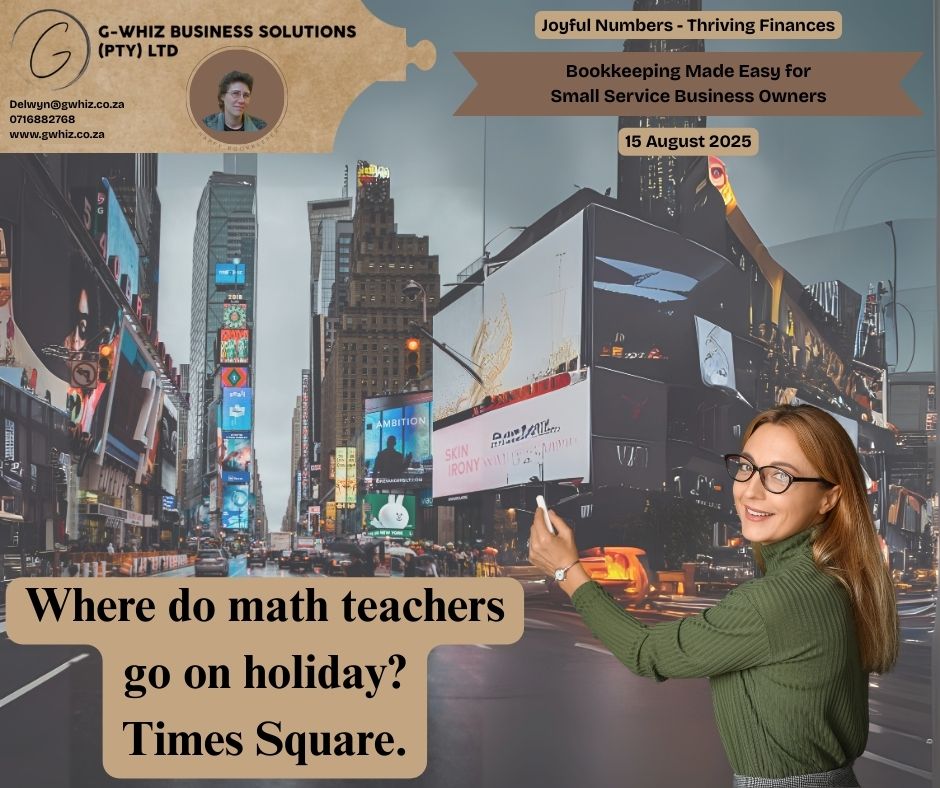 𝑾𝒉𝒆𝒓𝒆 𝒅𝒐 𝒎𝒂𝒕𝒉 𝒕𝒆𝒂𝒄𝒉𝒆𝒓𝒔 𝒈𝒐 𝒐𝒏 𝒉𝒐𝒍𝒊𝒅𝒂𝒚? 𝑻𝒊𝒎𝒆𝒔 𝑺𝒒𝒖𝒂𝒓𝒆. Even numbers know where to relax… but when your business finances feel more 𝘴𝘲𝘶𝘢𝘳𝘦 𝘳𝘰𝘰𝘵 𝘰𝘧 𝘤𝘩𝘢𝘰𝘴 than a 𝘱𝘦𝘳𝘧𝘦𝘤𝘵𝘭𝘺 𝘣𝘢𝘭𝘢𝘯𝘤𝘦𝘥 𝘦𝘲𝘶𝘢𝘵𝘪𝘰𝘯, it’s time for a change. I take the hassle out of everyday bookkeeping by setting you up with a 𝐬𝐢𝐦𝐩𝐥𝐞, 𝐞𝐟𝐟𝐞𝐜𝐭𝐢𝐯𝐞 𝐬𝐲𝐬𝐭𝐞𝐦 that keeps your numbers audit-ready and easy to understand. ✅ 𝐅𝐫𝐞𝐞 𝐐𝐮𝐢𝐜𝐤𝐁𝐨𝐨𝐤𝐬 𝐎𝐧𝐥𝐢𝐧𝐞 𝐬𝐞𝐭𝐮𝐩 𝐰𝐢𝐭𝐡 𝐚 𝐭𝐰𝐨-𝐦𝐨𝐧𝐭𝐡 𝐭𝐫𝐚𝐧𝐬𝐚𝐜𝐭𝐢𝐨𝐧 𝐡𝐢𝐬𝐭𝐨𝐫𝐲 so you can hit the ground running. ✅ 𝐂𝐥𝐞𝐚𝐫, 𝐚𝐜𝐜𝐮𝐫𝐚𝐭𝐞 𝐫𝐞𝐩𝐨𝐫𝐭𝐬 to help you make confident business decisions. 💡𝑺𝒎𝒂𝒍𝒍 𝑩𝒖𝒔𝒊𝒏𝒆𝒔𝒔 𝑻𝒊𝒑: 𝘙𝘦𝘤𝘰𝘯𝘤𝘪𝘭𝘦 𝘺𝘰𝘶𝘳 𝘣𝘢𝘯𝘬 𝘢𝘤𝘤𝘰𝘶𝘯𝘵 𝘪𝘯 𝘘𝘶𝘪𝘤𝘬𝘉𝘰𝘰𝘬𝘴 𝘦𝘷𝘦𝘳𝘺 𝘸𝘦𝘦𝘬. 𝘐𝘵’𝘴 𝘦𝘢𝘴𝘪𝘦𝘳 𝘵𝘰 𝘴𝘱𝘰𝘵 𝘦𝘳𝘳𝘰𝘳𝘴 𝘦𝘢𝘳𝘭𝘺, 𝘬𝘦𝘦𝘱 𝘤𝘢𝘴𝘩 𝘧𝘭𝘰𝘸 𝘢𝘤𝘤𝘶𝘳𝘢𝘵𝘦, 𝘢𝘯𝘥 𝘢𝘷𝘰𝘪𝘥 𝘢 𝘮𝘰𝘶𝘯𝘵𝘢𝘪𝘯 𝘰𝘧 𝘤𝘢𝘵𝘤𝘩-𝘶𝘱 𝘸𝘰𝘳𝘬 𝘢𝘵 𝘮𝘰𝘯𝘵𝘩-𝘦𝘯𝘥. If you’re ready to move from “𝘮𝘢𝘵𝘩 𝘵𝘦𝘢𝘤𝘩𝘦𝘳 𝘰𝘯 𝘩𝘰𝘭𝘪𝘥𝘢𝘺” to “𝘣𝘶𝘴𝘪𝘯𝘦𝘴𝘴 𝘰𝘸𝘯𝘦𝘳 𝘪𝘯 𝘤𝘰𝘯𝘵𝘳𝘰𝘭”, I’d love to help. 𝐋𝐞𝐚𝐯𝐞 𝐚 𝐜𝐨𝐦𝐦𝐞𝐧𝐭 𝐨𝐫 𝐛𝐨𝐨𝐤 𝐚 𝐩𝐡𝐨𝐧𝐞 𝐜𝐚𝐥𝐥 (https://calendly.com/delwyn-gwhiz/15-min-phone-call) 𝐨𝐫 𝐚 𝐙𝐨𝐨𝐦 𝐦𝐞𝐞𝐭𝐢𝐧𝐠 (https://calendly.com/delwyn-gwhiz/30min). Kind regards, 𝒟𝓮𝓁𝓌𝓎𝓃 QuickBooks Pro Advisor G-Whiz Business Solutions (Pty) Ltd. 🌐www.gwhiz.co.za 📆https://calendly.com/delwyn-gwhiz ᴊᴏyꜰᴜʟ ɴᴜᴍʙᴇʀꜱ – ᴛʜʀɪvɪɴɢ ꜰɪɴᴀɴcᴇꜱ” #BookkeepingMadeEasy #QuickBooksProAdvisor #SmallBusinessSuccess #FinancialFreedomSA #BusinessTips #SouthAfricanBusiness #AuditReady #CashFlowMatters #GrowYourBusinessSA #GWhizBusinessSolutions